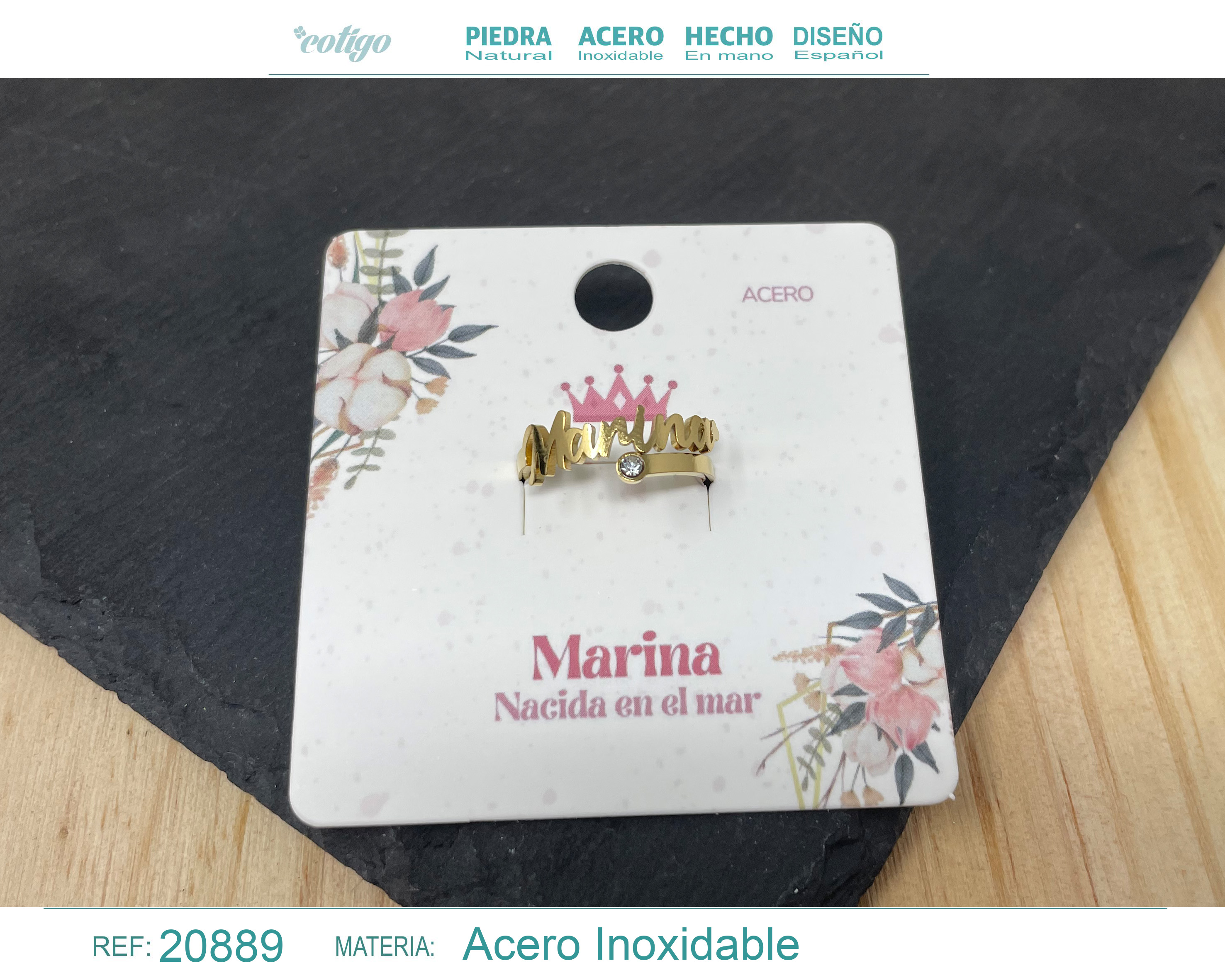 Anillo Nombre Marina Acero Color Dorado