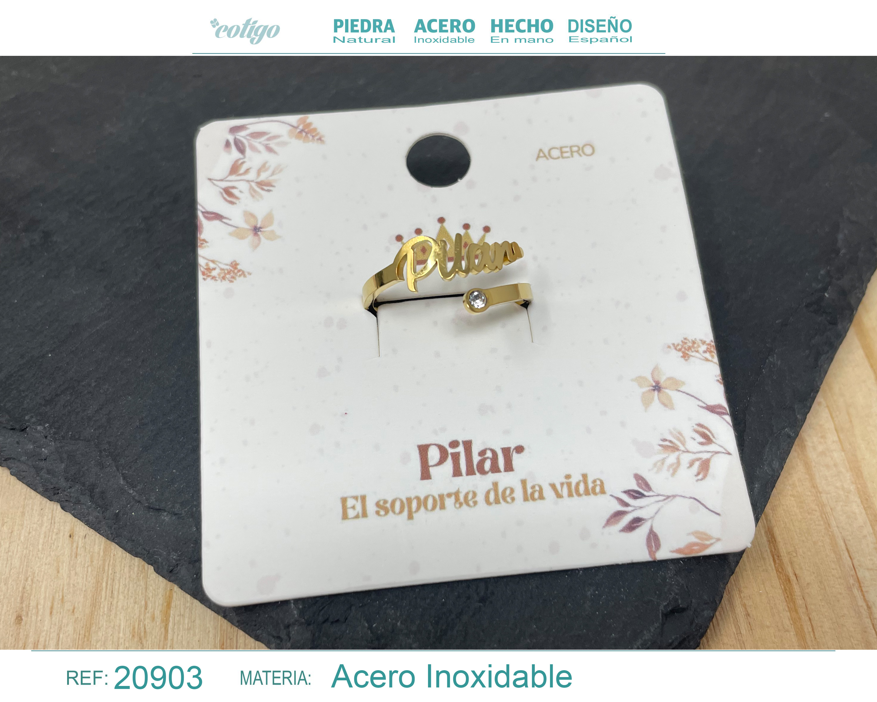 Anillo Nombre Pilar Acero Color Dorado