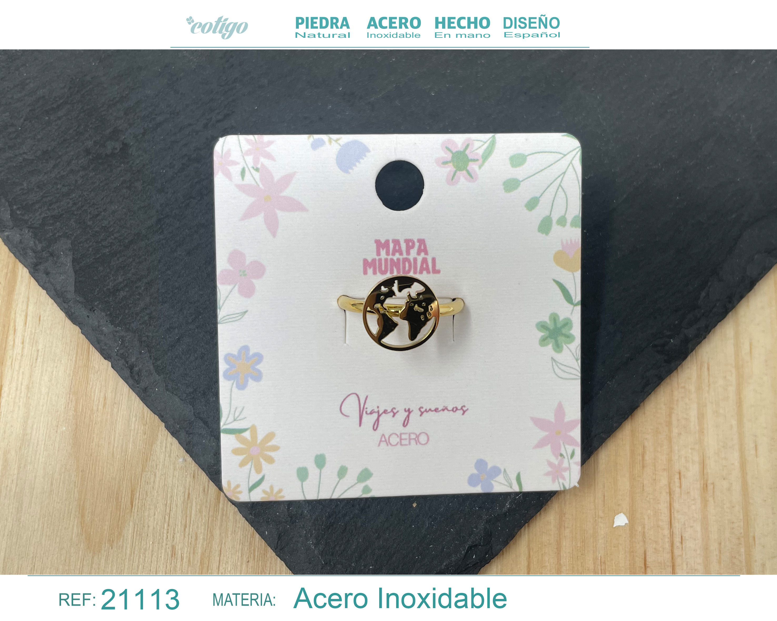 Anillo MAPA MUNDIAL Acero color Dorado