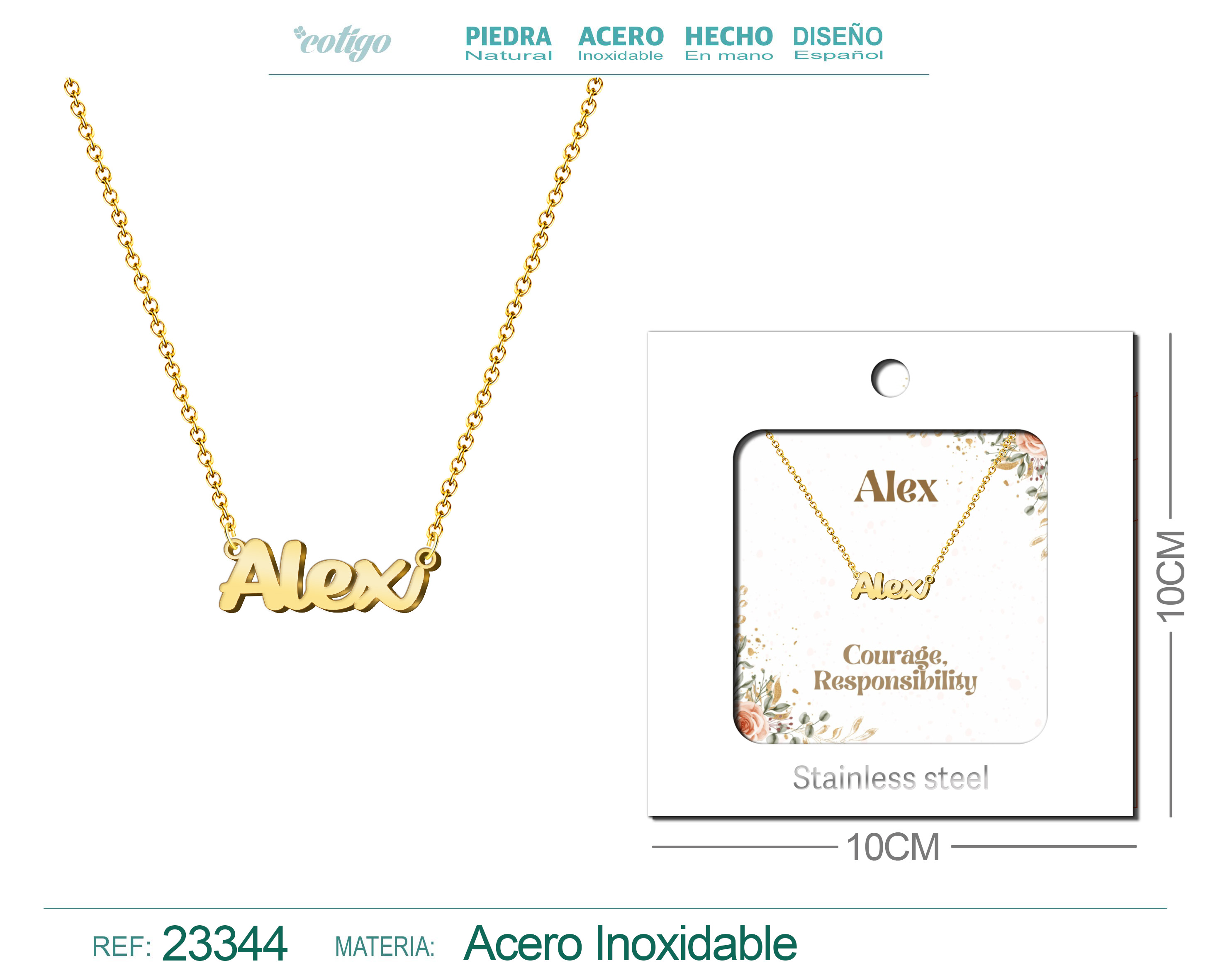 Collar Nombre Ingles Alex Acero con Sobre
