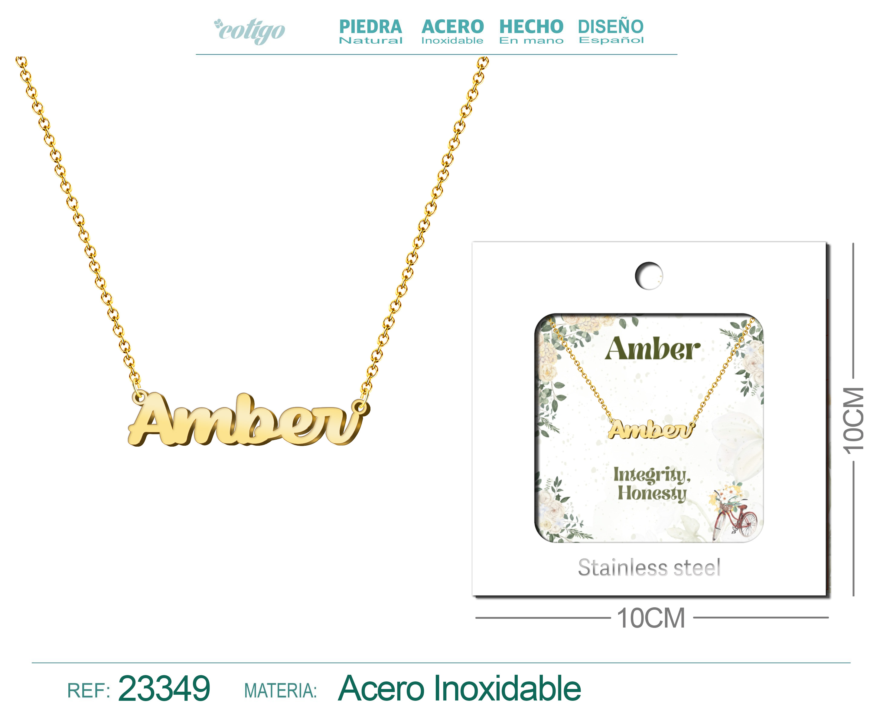 Collar Nombre Ingles Amber Acero con Sobre