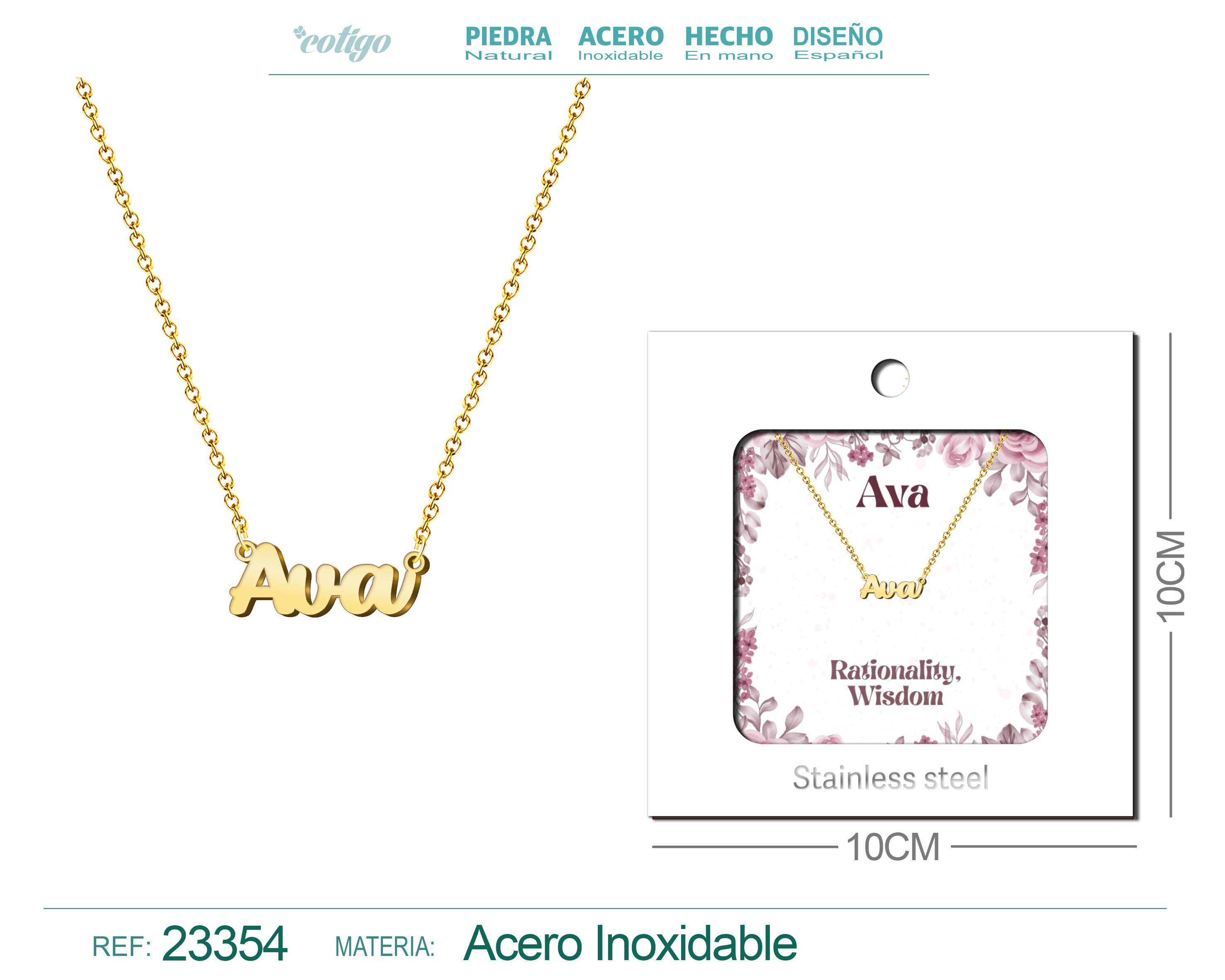 Collar Nombre Ingles Ava Acero con Sobre