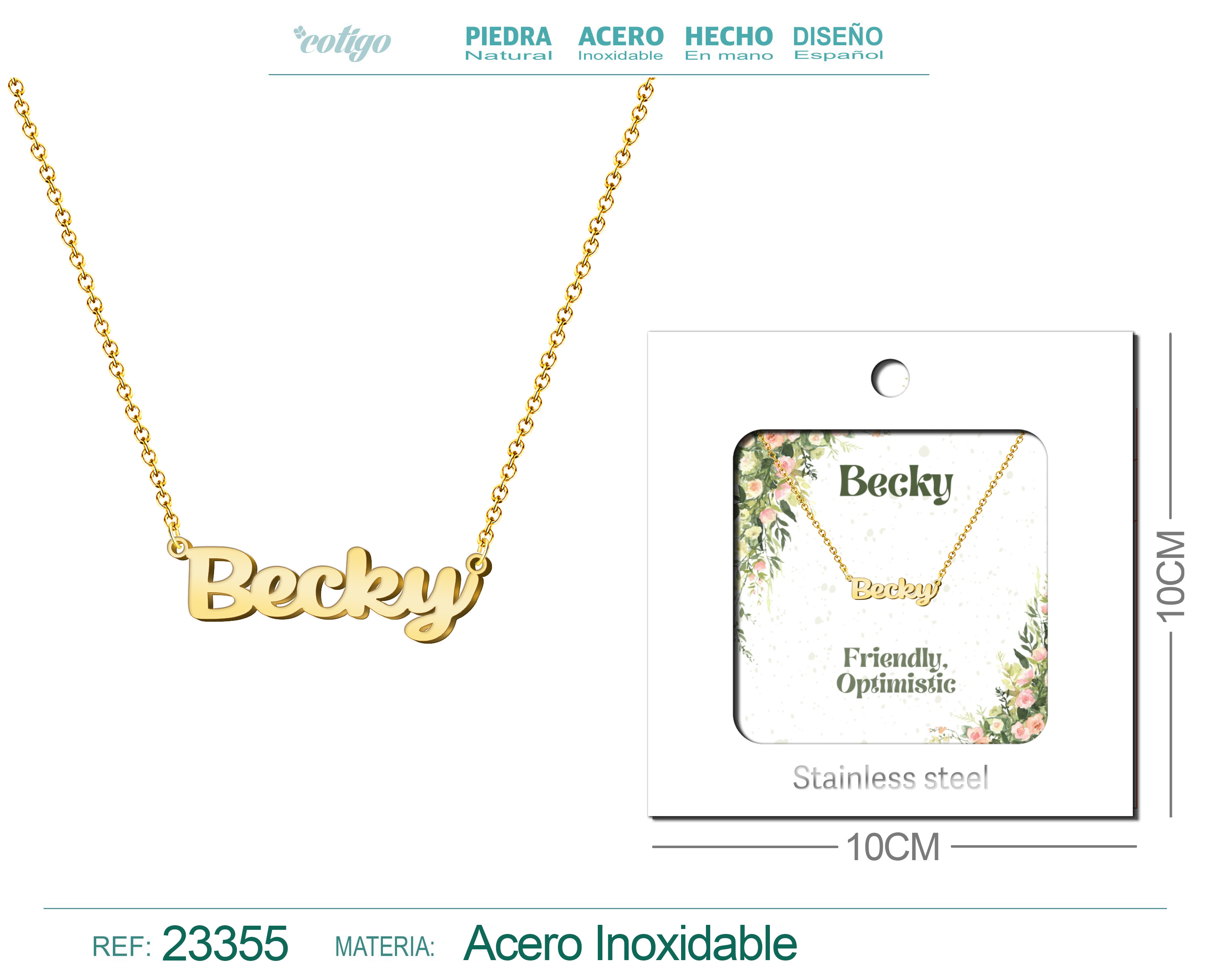 Collar Nombre Ingles Becky Acero con Sobre