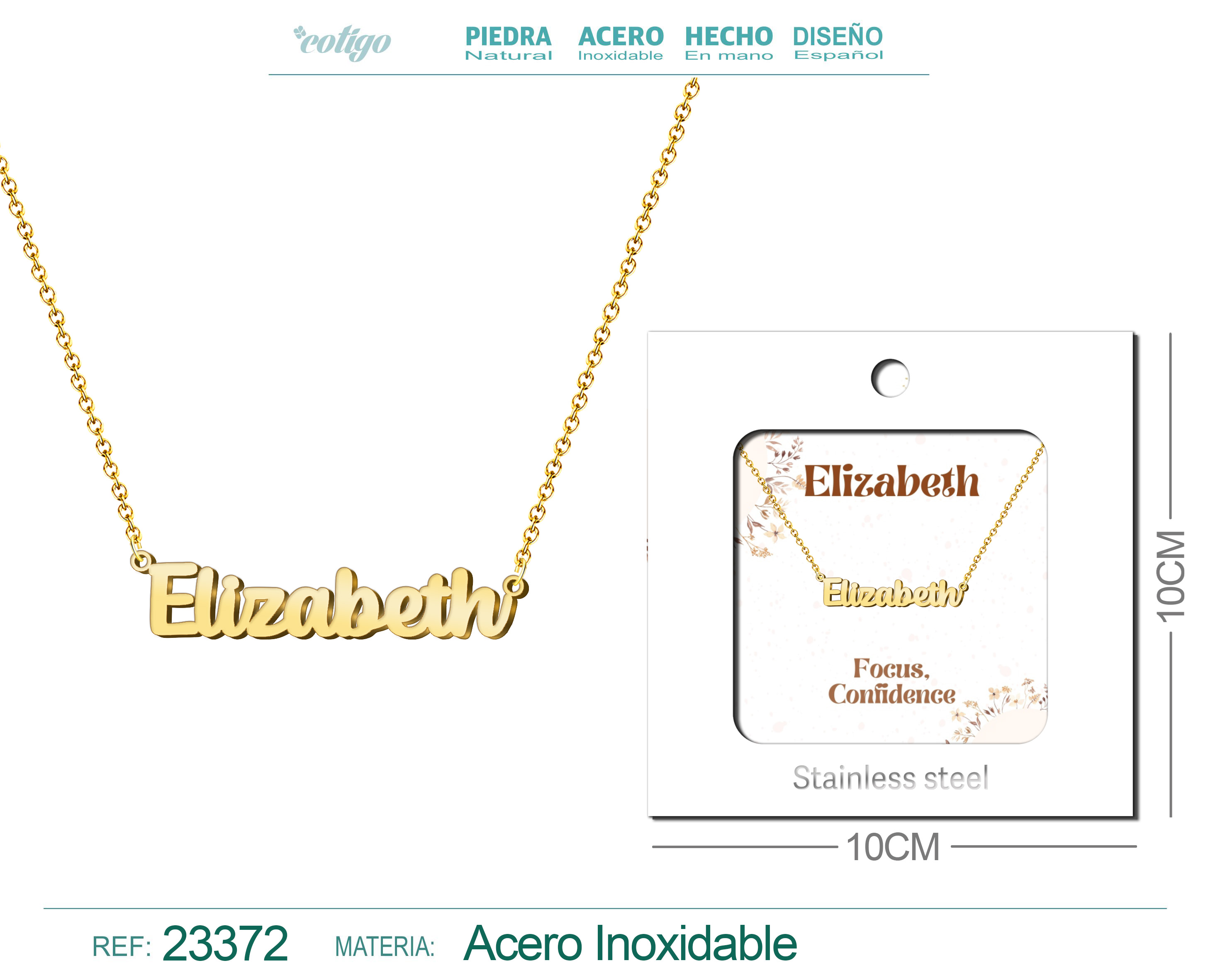 Collar Nombre Ingles Elizabeth Acero con Sobre