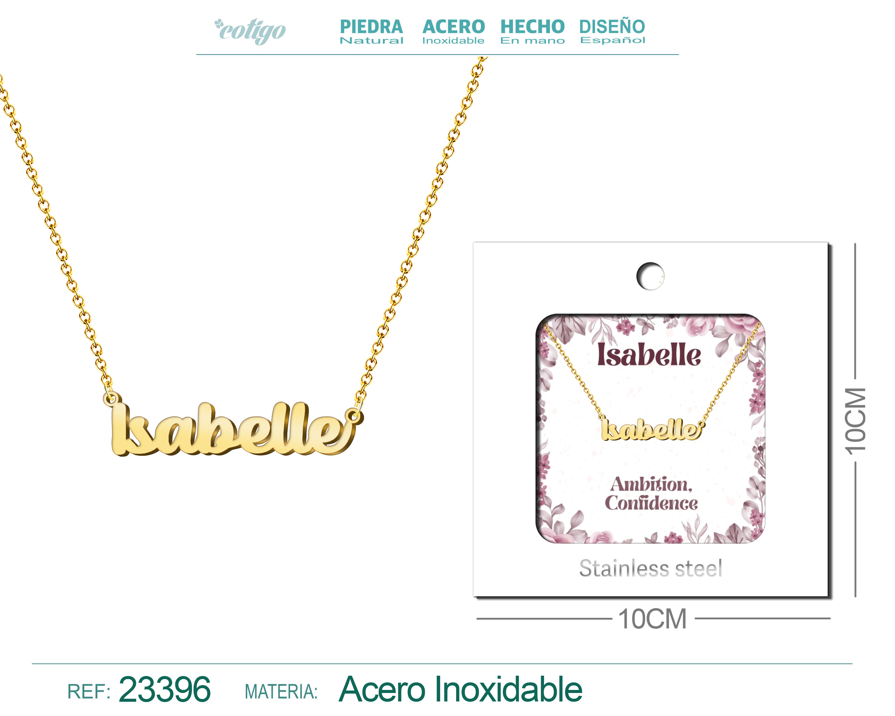 Collar Nombre Ingles Isabelle Acero con Sobre