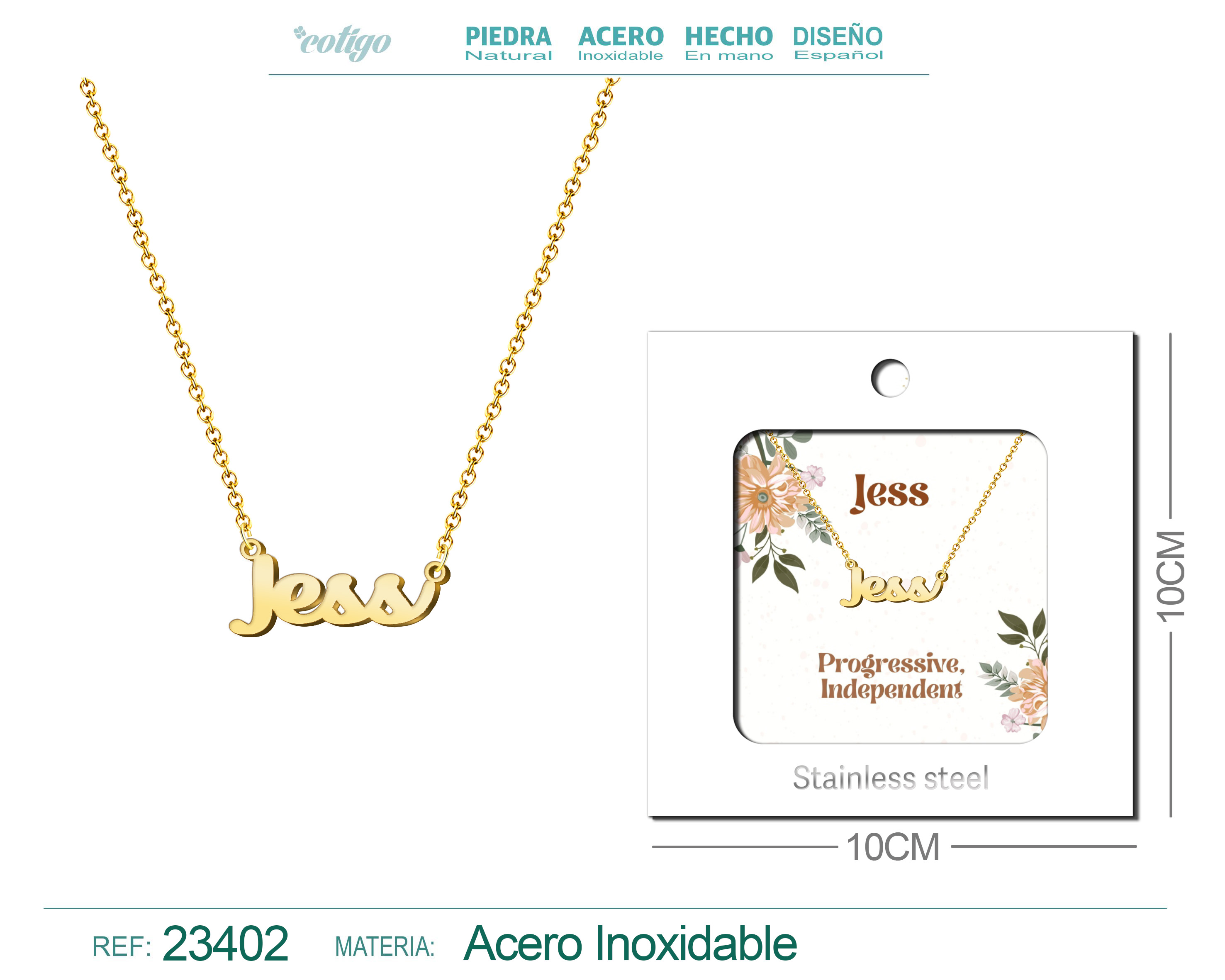 Collar Nombre Ingles Jess Acero con Sobre