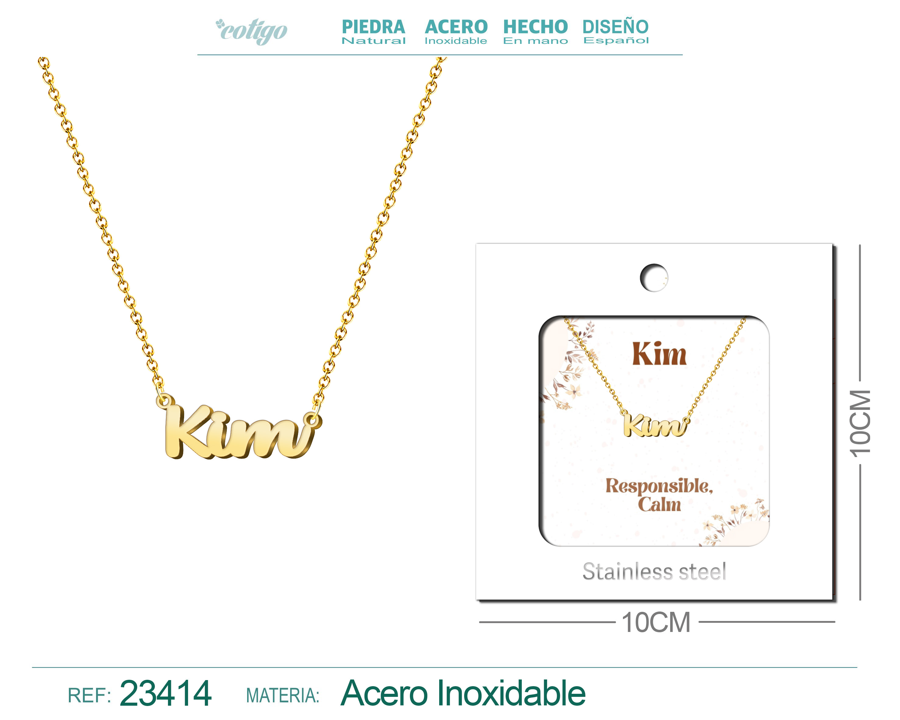 Collar Nombre Ingles Kim Acero con Sobre