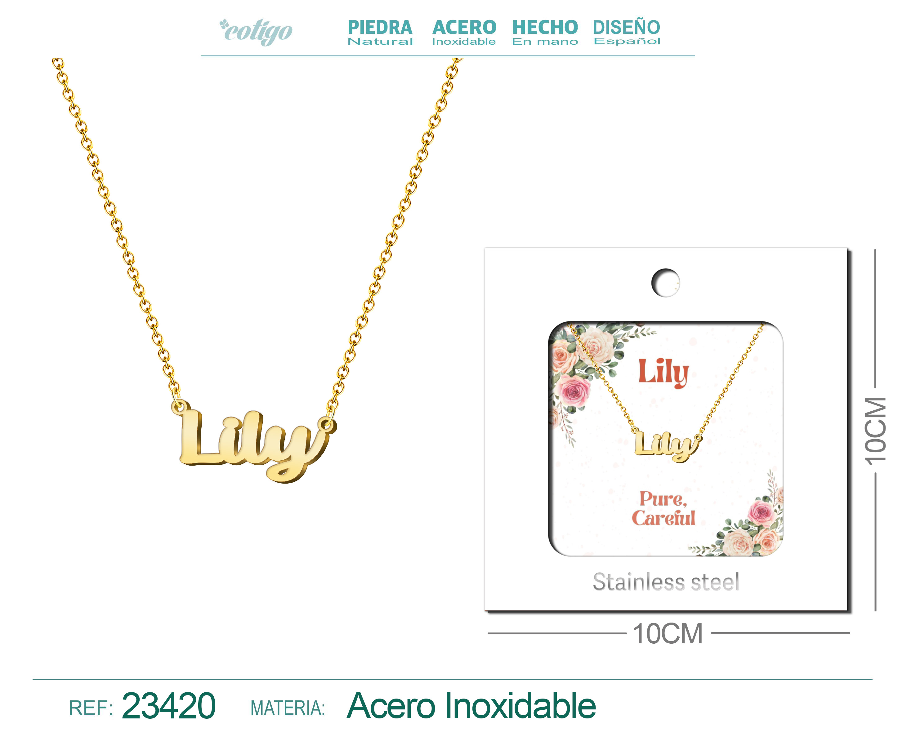 Collar Nombre Ingles Lily Acero con Sobre