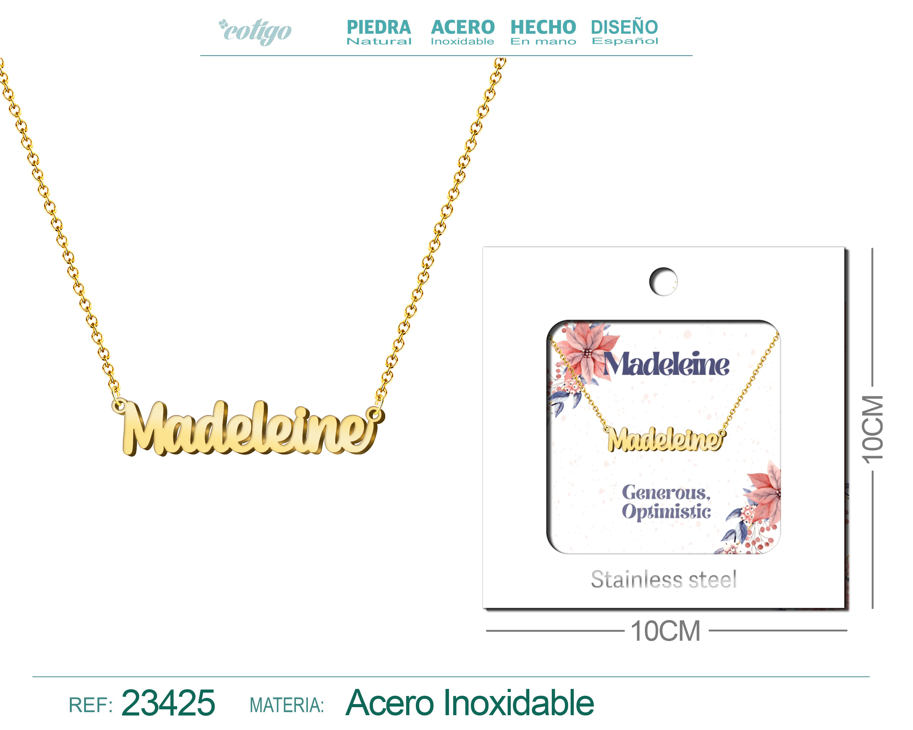 Collar Nombre Ingles Madeleine Acero con Sobre