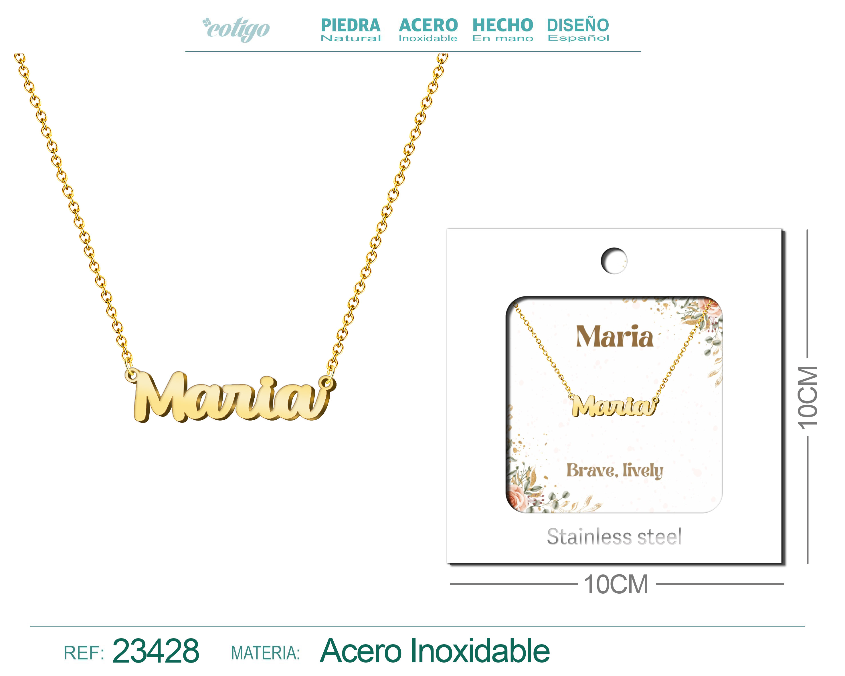 Collar Nombre Ingles Maria Acero con Sobre