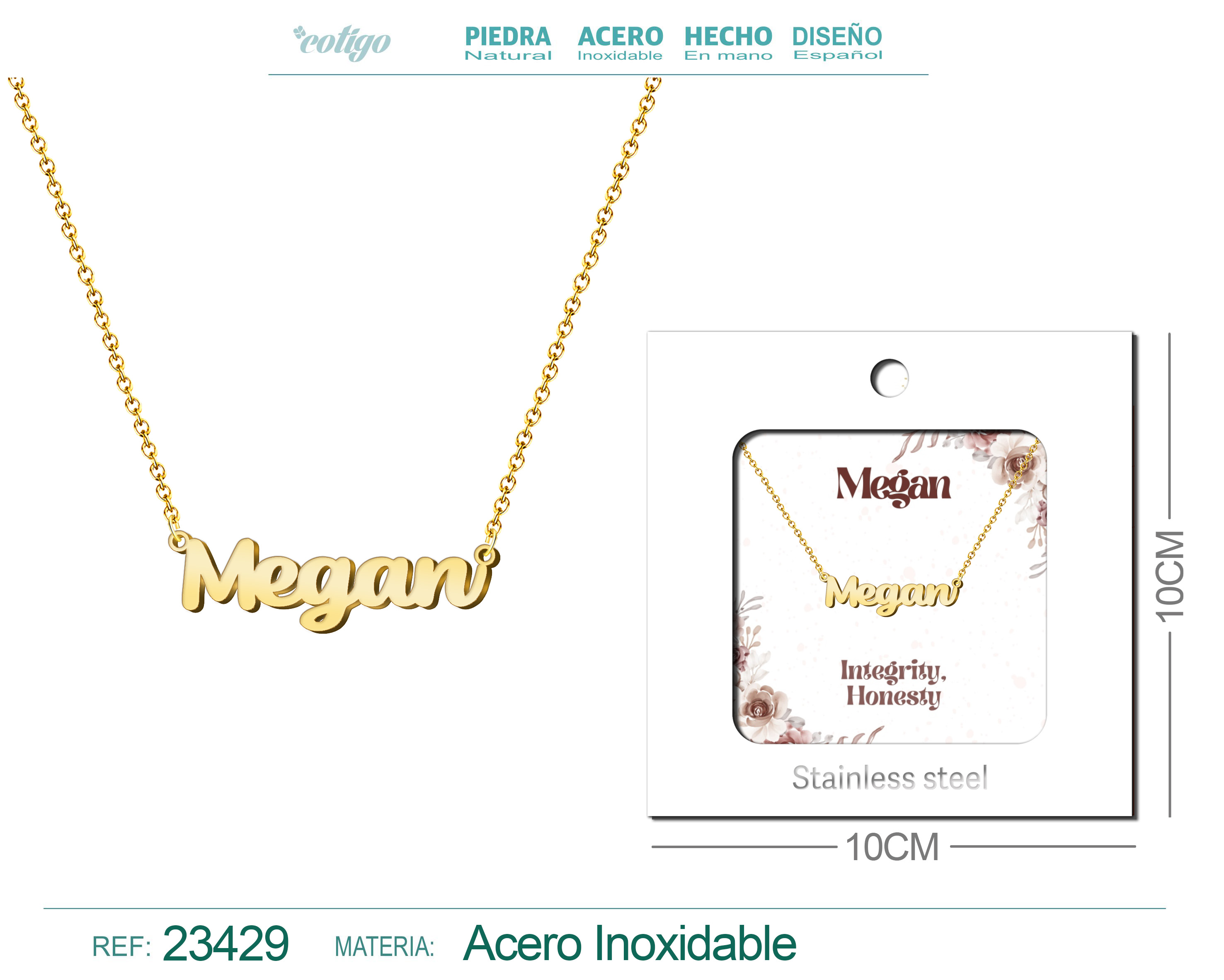 Collar Nombre Ingles Megan Acero con Sobre