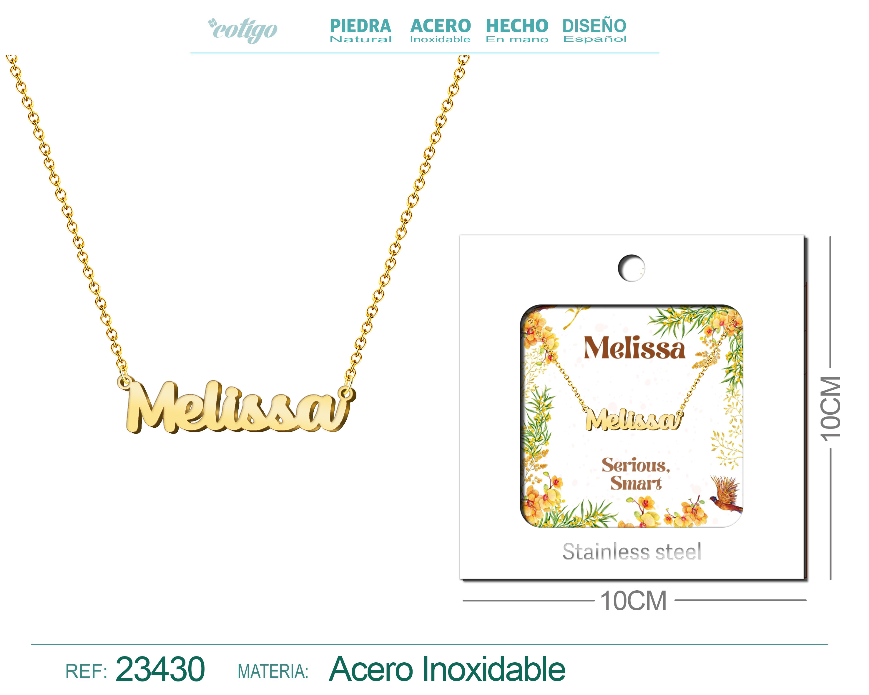 Collar Nombre Ingles Melissa Acero con Sobre