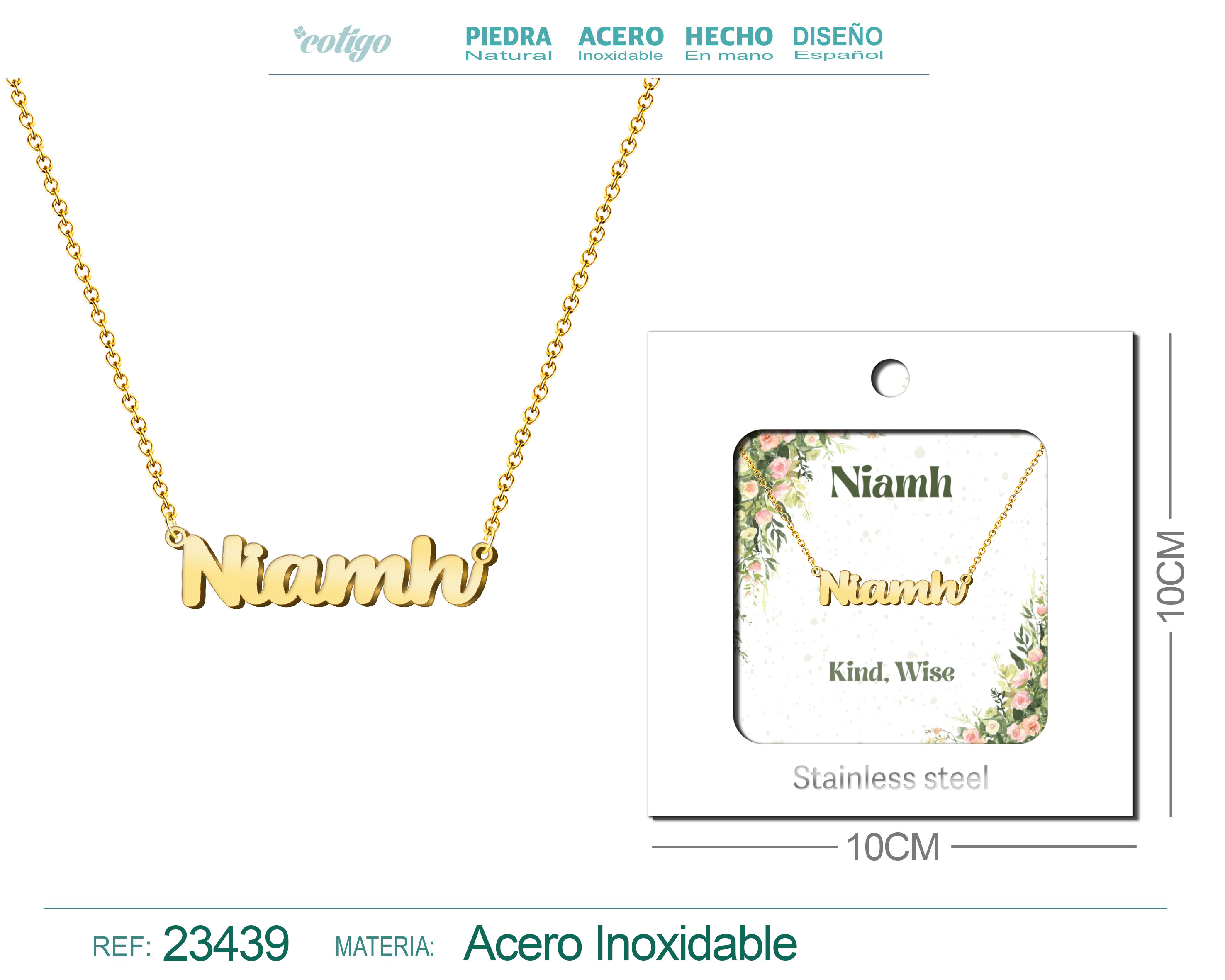 Collar Nombre Ingles Niamh Acero con Sobre