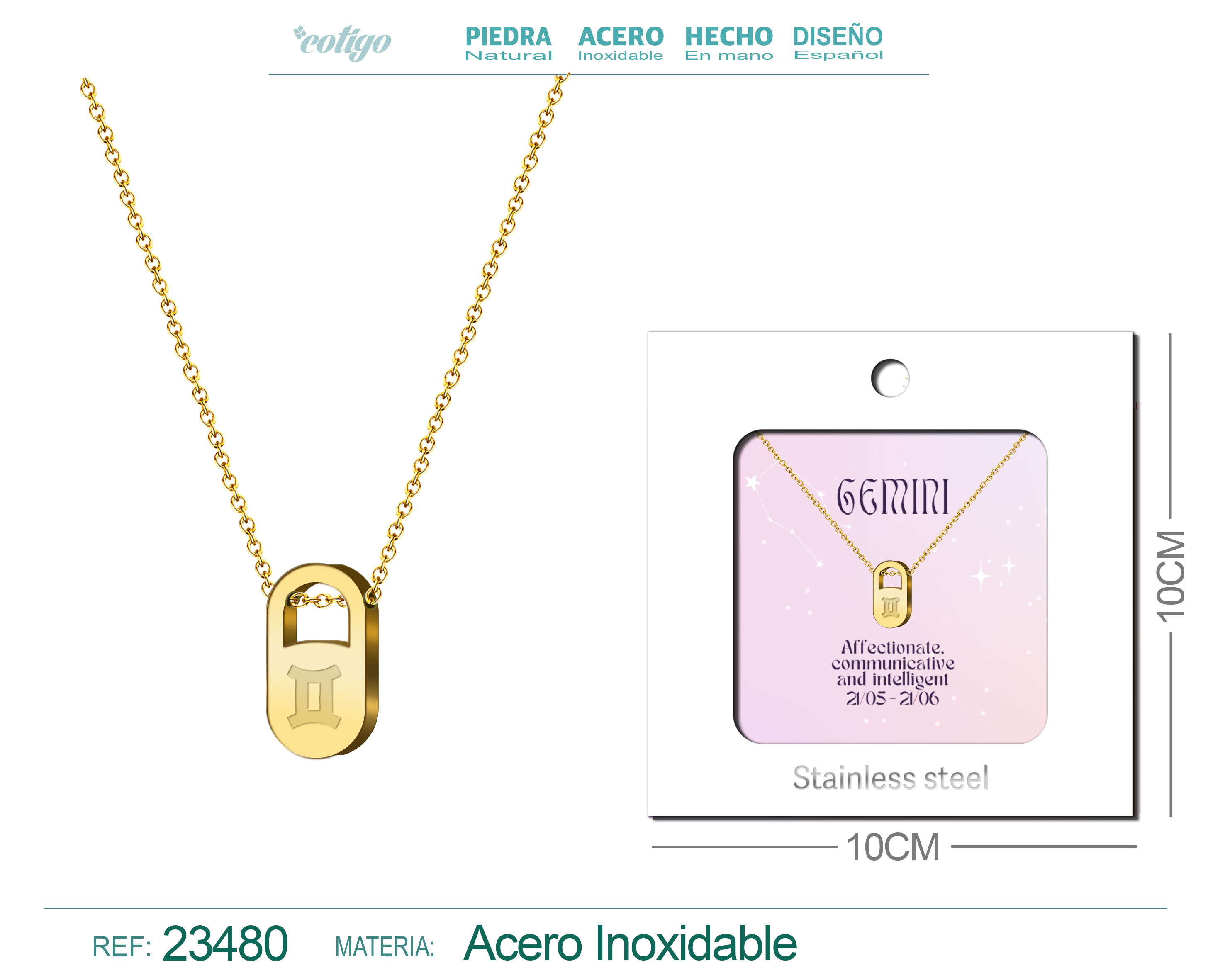 Collar Zodiaco Ingles Gemini Acero con Sobre