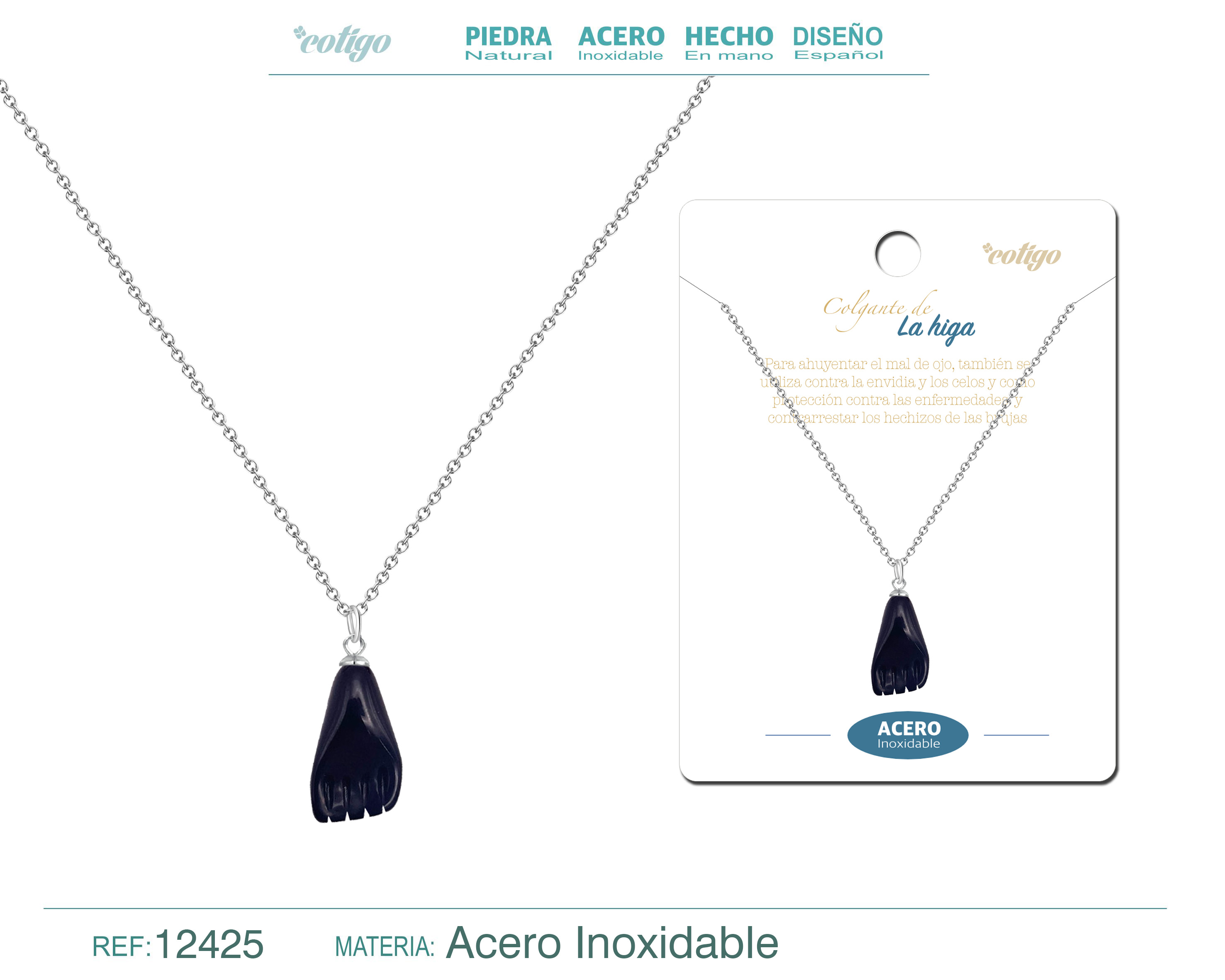 Collar Acero Ino.con Colgante Mano Higa Negro