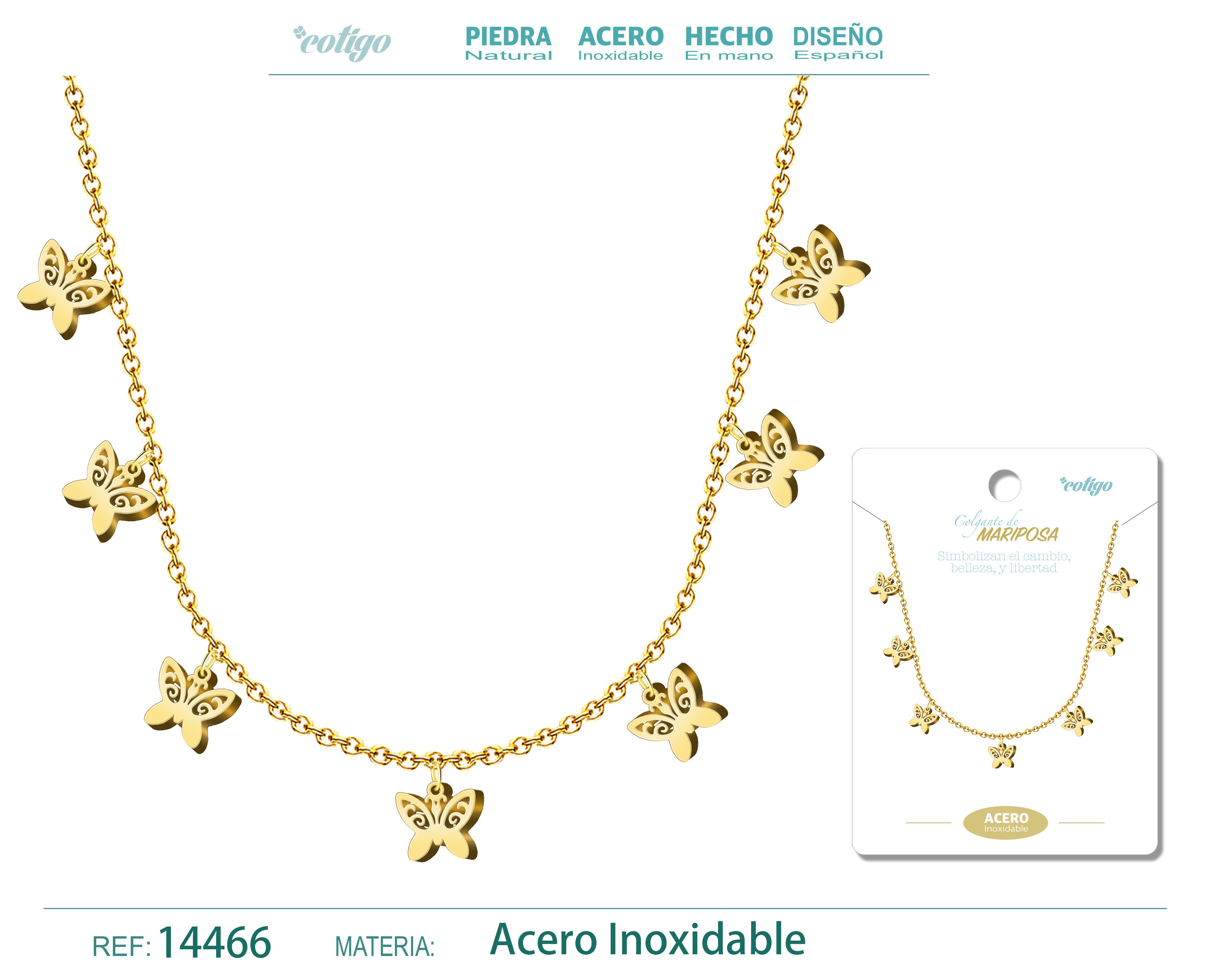 Collar con 7 colgante de Mariposa color Dorado