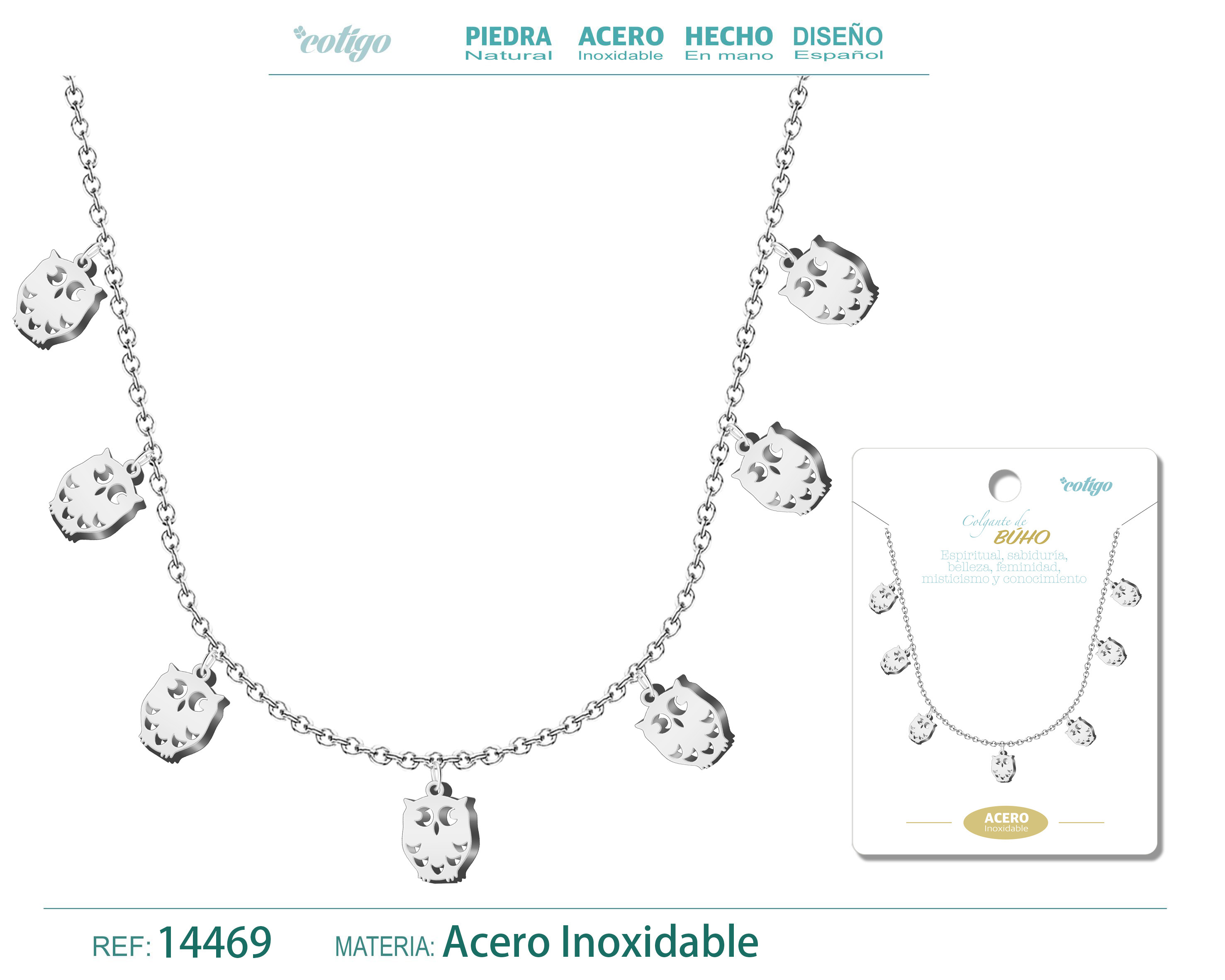 Collar con 7 colgante de Buho color Plateado