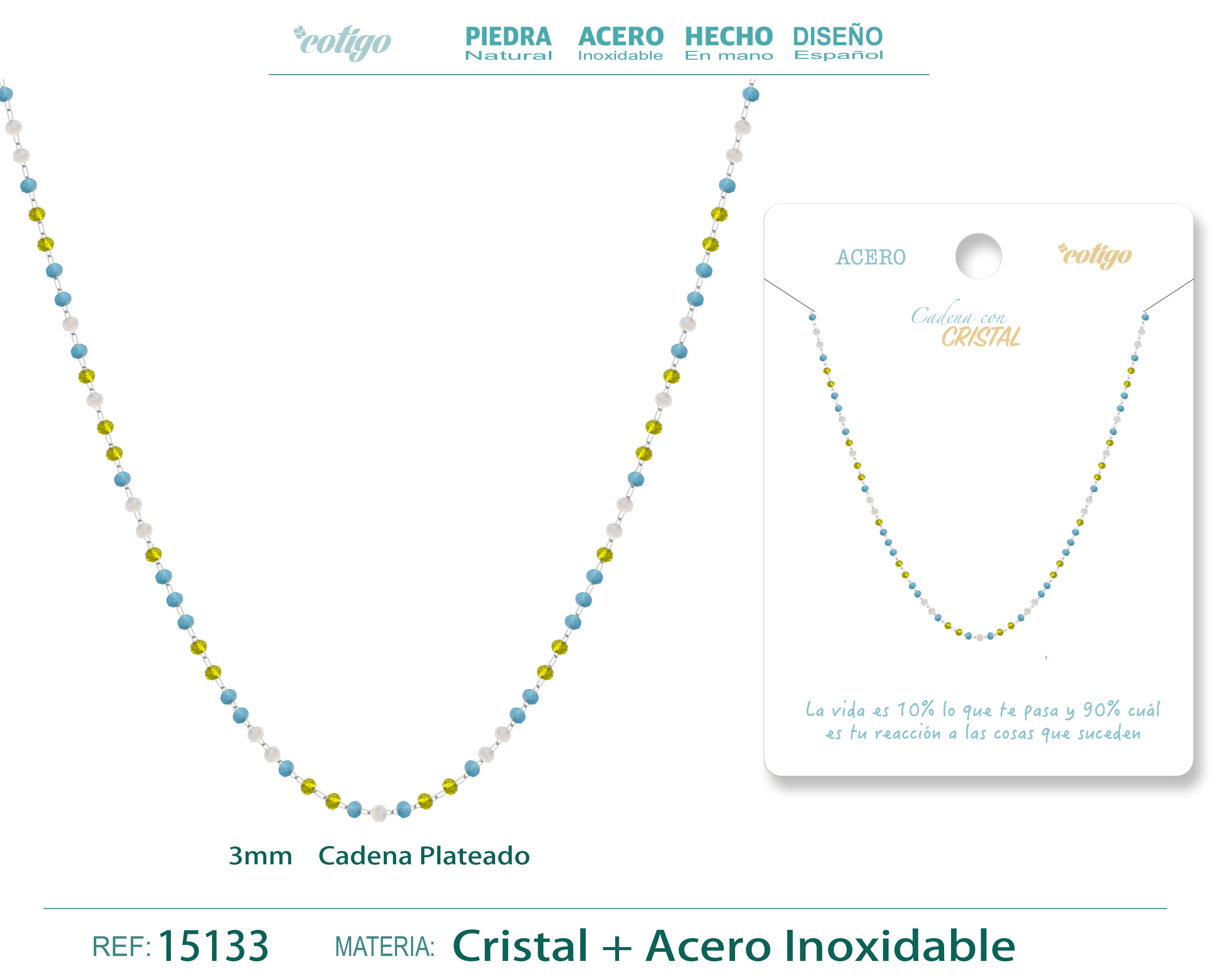 Collar Acero Plateado con Bola cristal