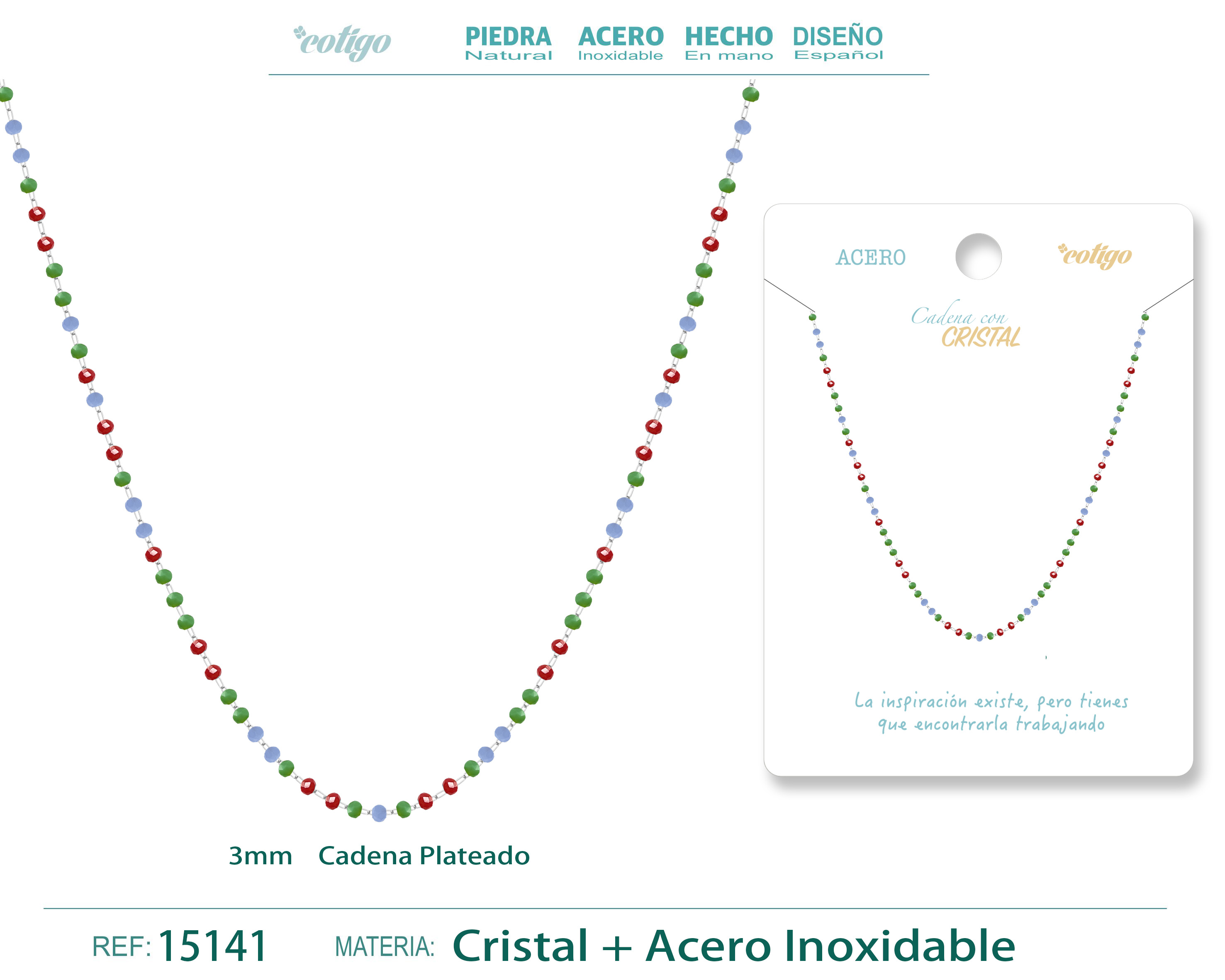Collar Acero Plateado con Bola cristal