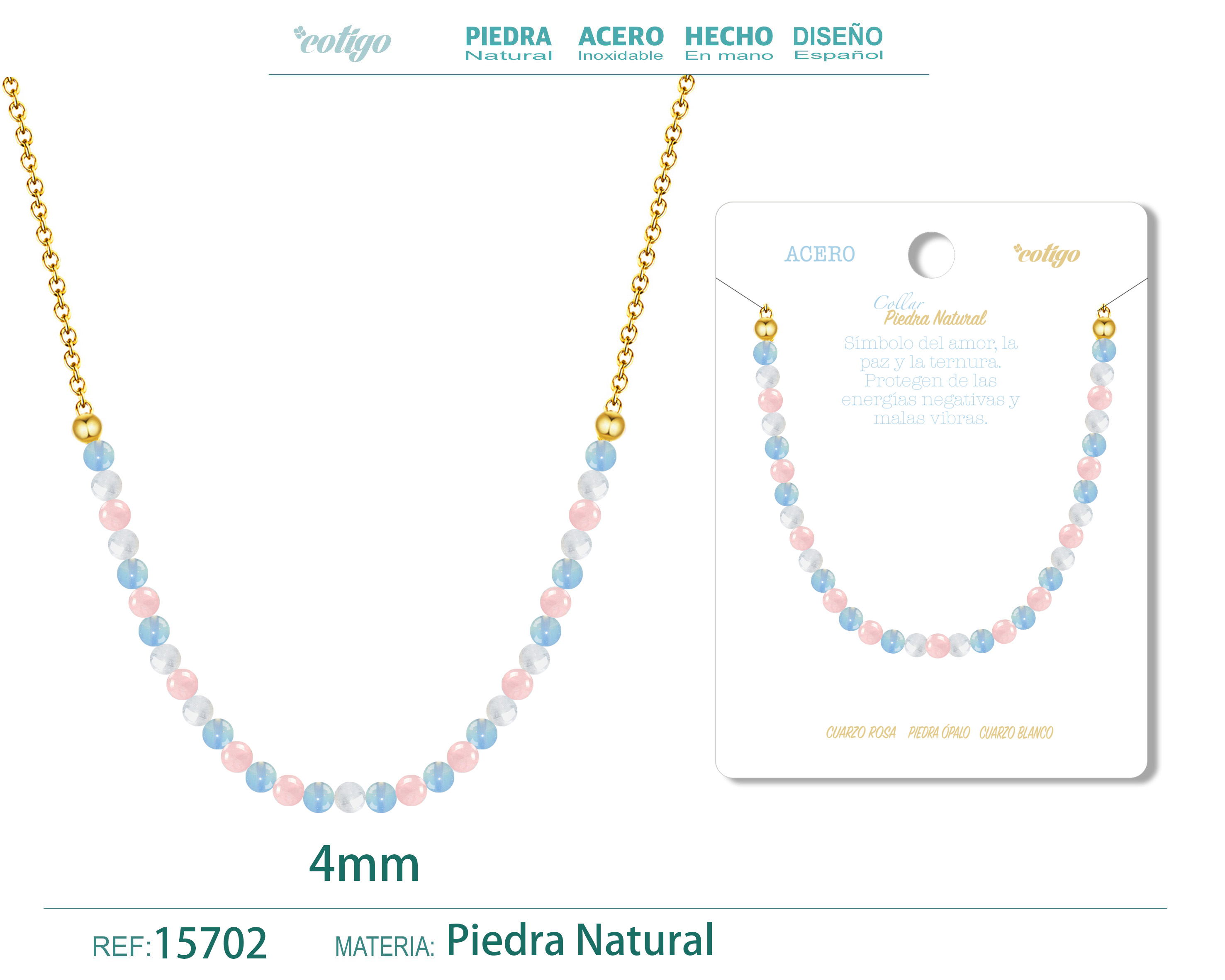 Collar Cuarzo blanco，Cuarzo rosa，Opalina 4mm
