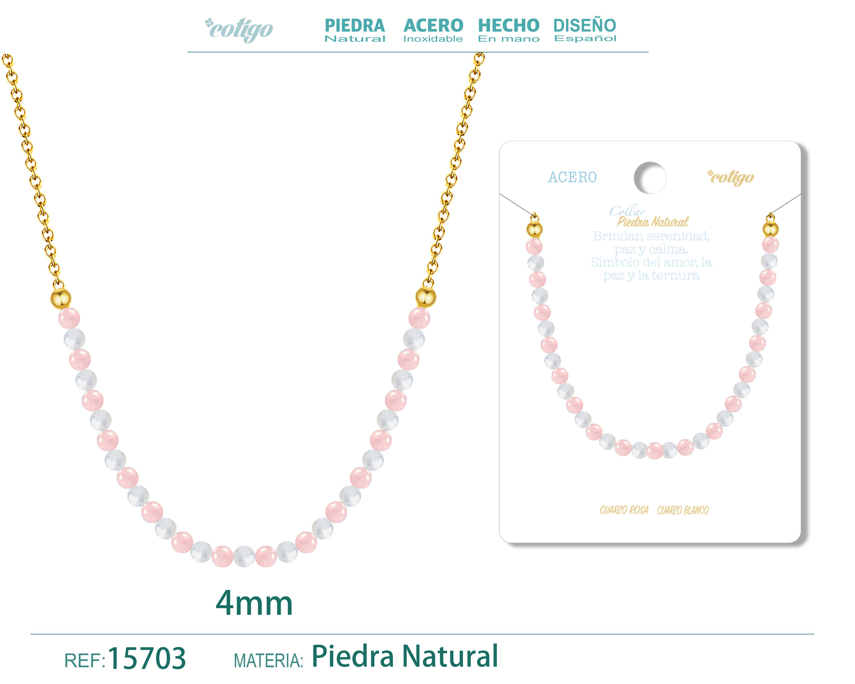 Collar Cuarzo rosa，Cuarzo blanco 4mm