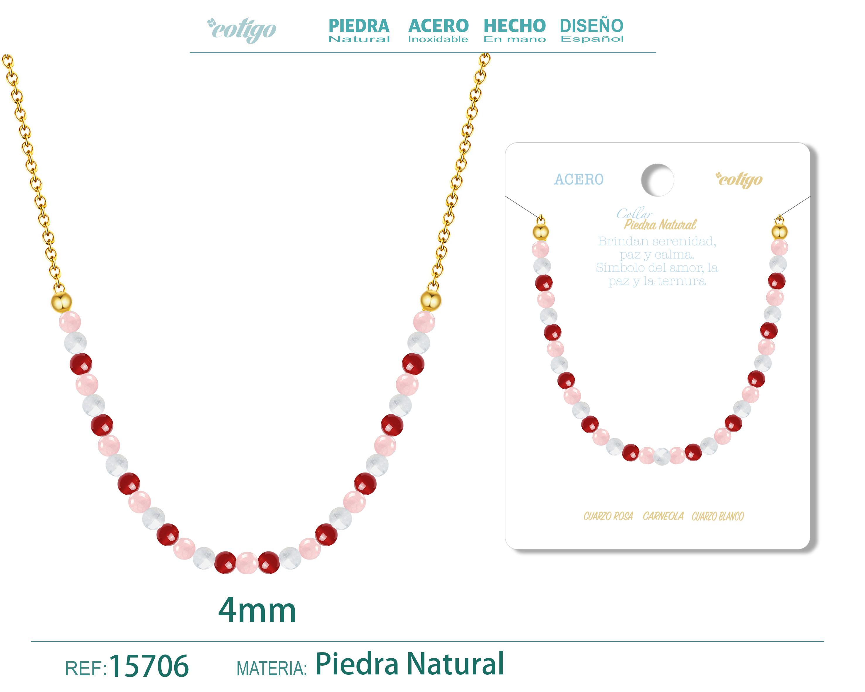 Collar Carneola，Cuarzo blanco，Cuarzo rosa 4mm