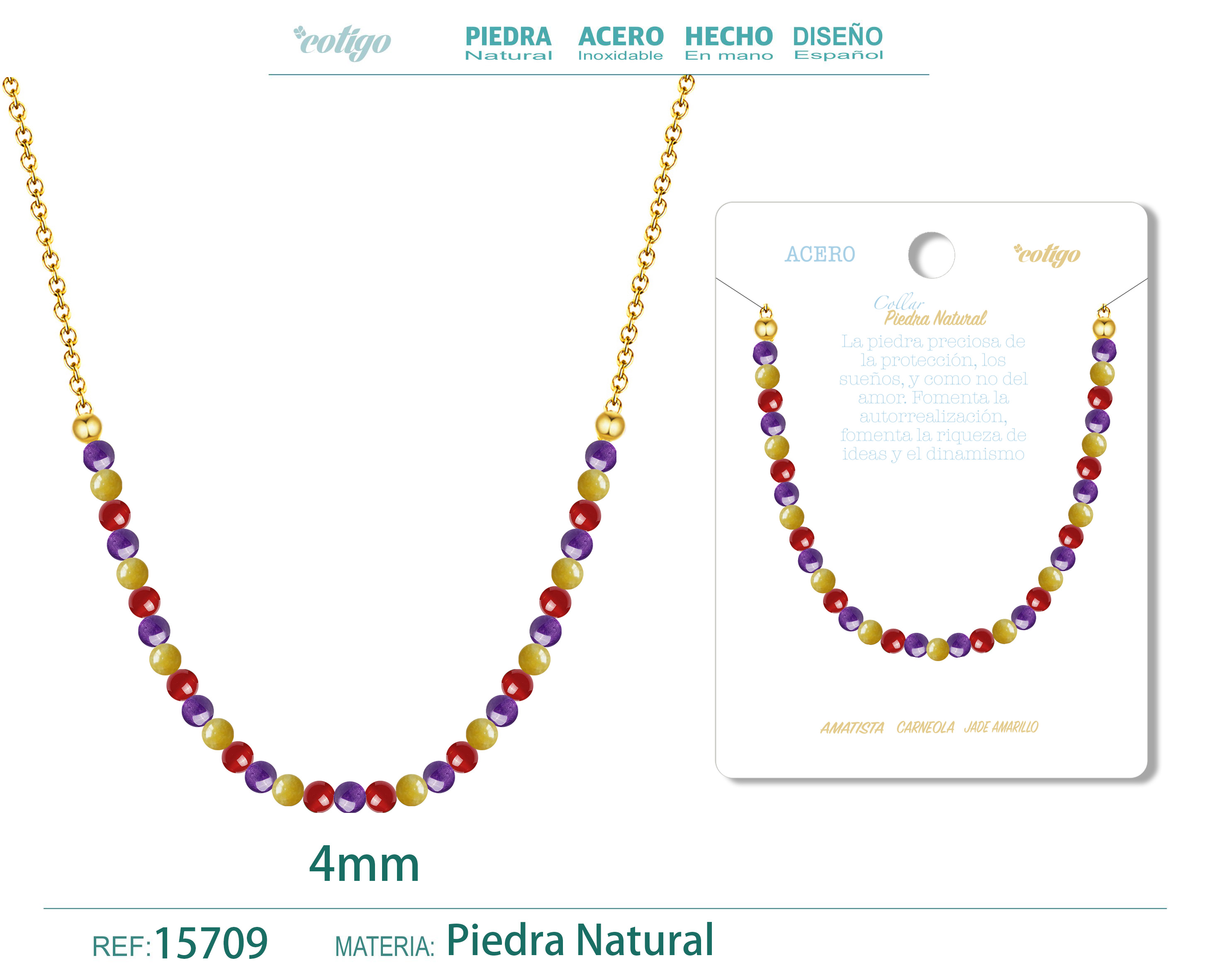 Collar Carneola，Jade amarillo，Amatista 4mm