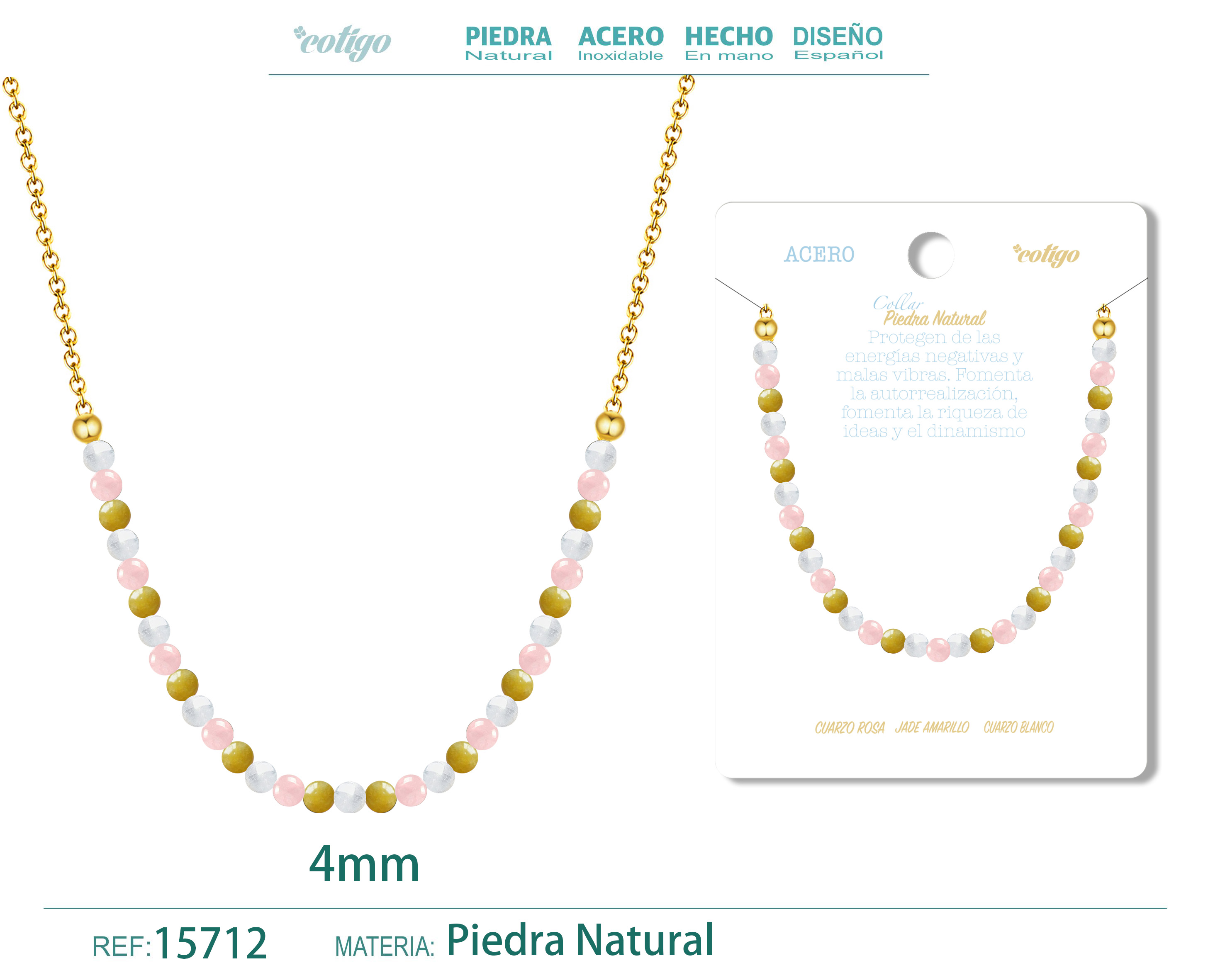 Collar Jade amarillo，Cuarzo rosa，Cuarzo blanco 4mm