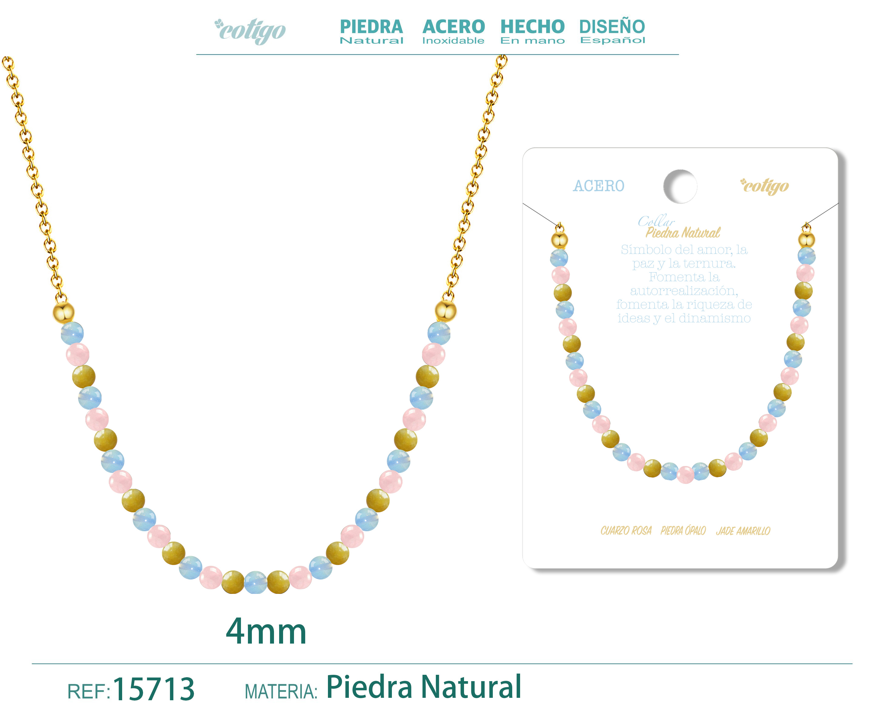 Collar Jade amarillo，Cuarzo rosa，Opalina 4mm