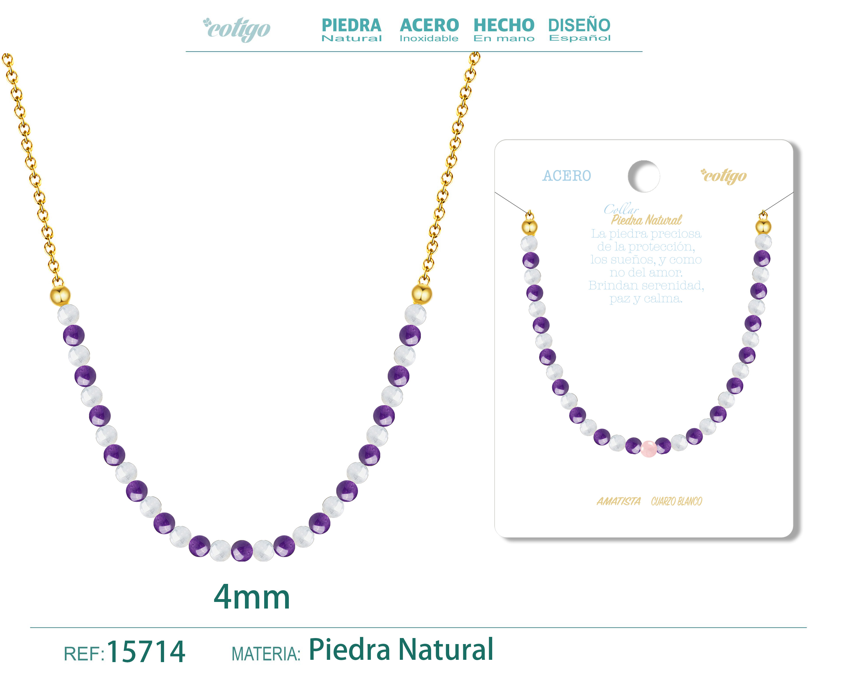 Collar Amatista，Cuarzo blanco 4mm