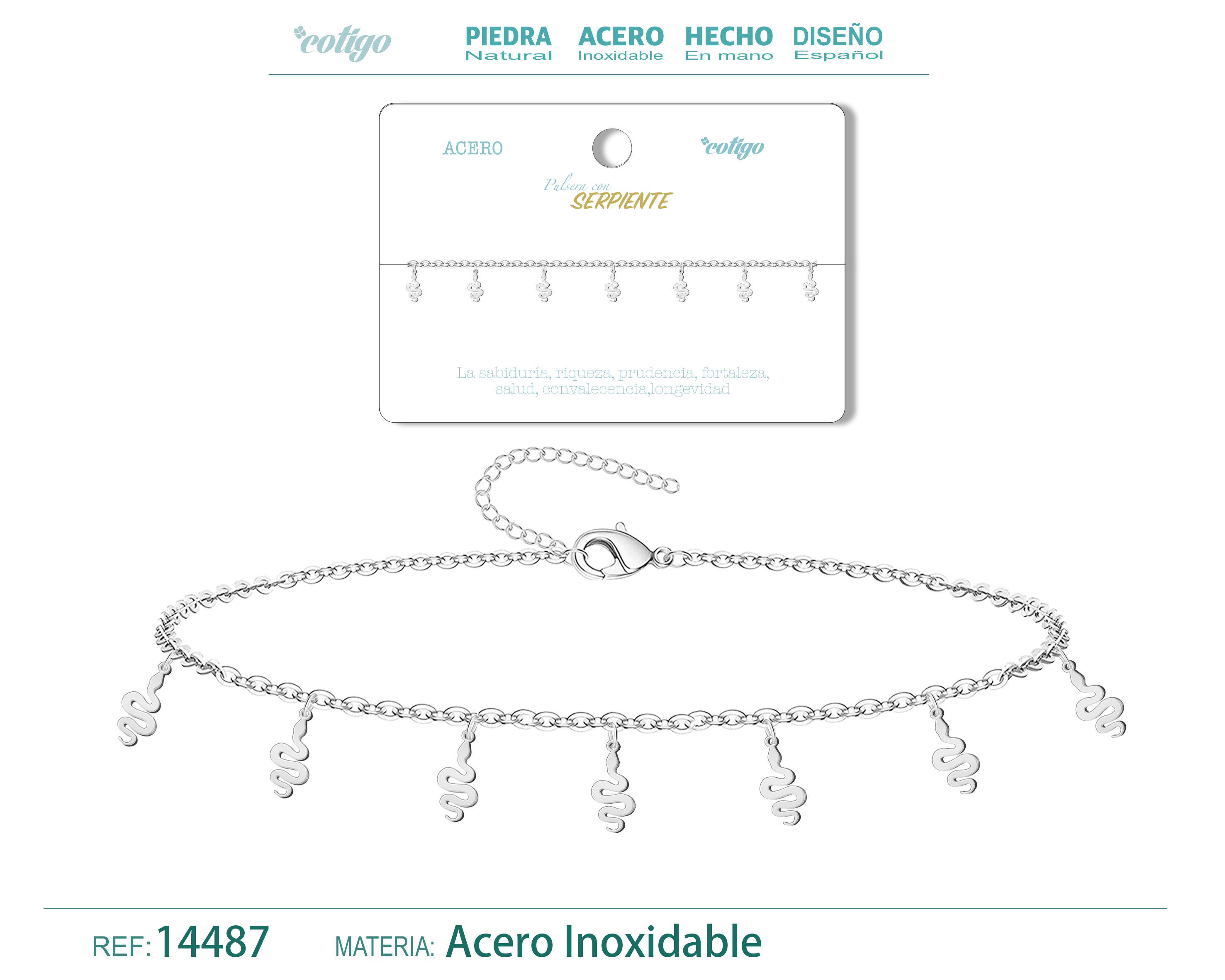 Pulsera con 7 colgante de Serpiente color Plateado