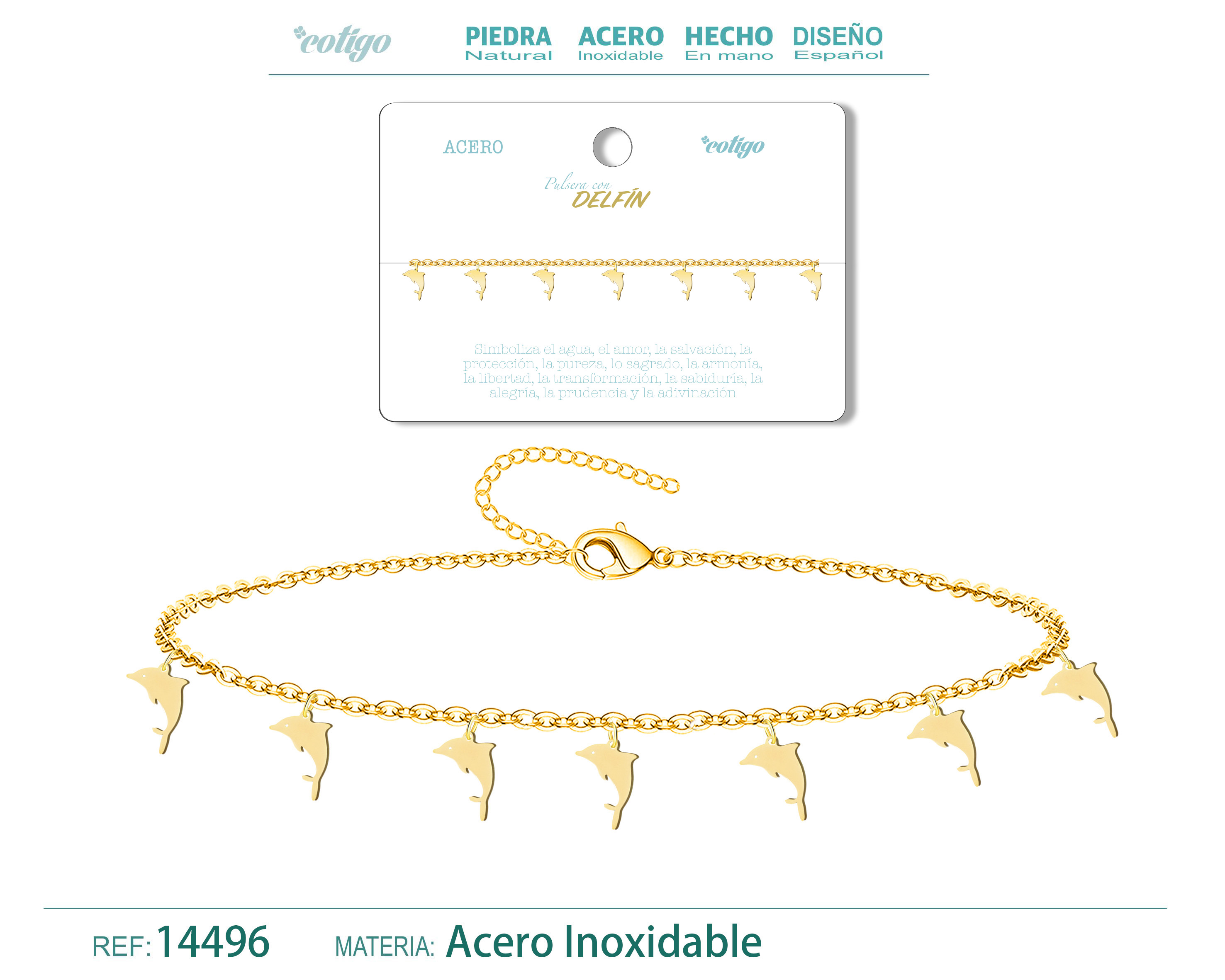 Pulsera con 7 colgante de Delfin color Dorado