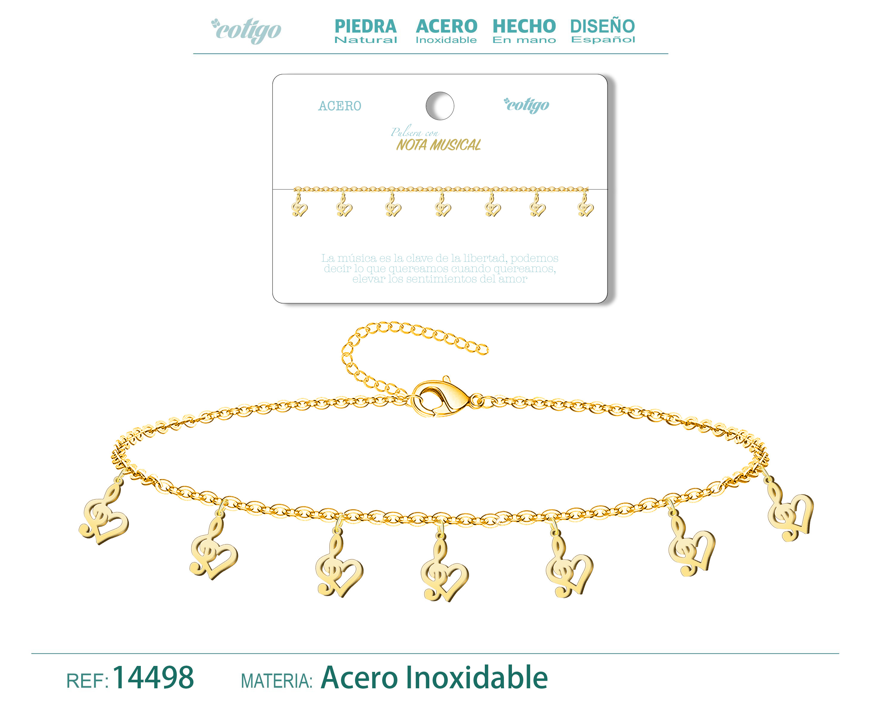 Pulsera con 7 colgante de Nota Musica color Dorado