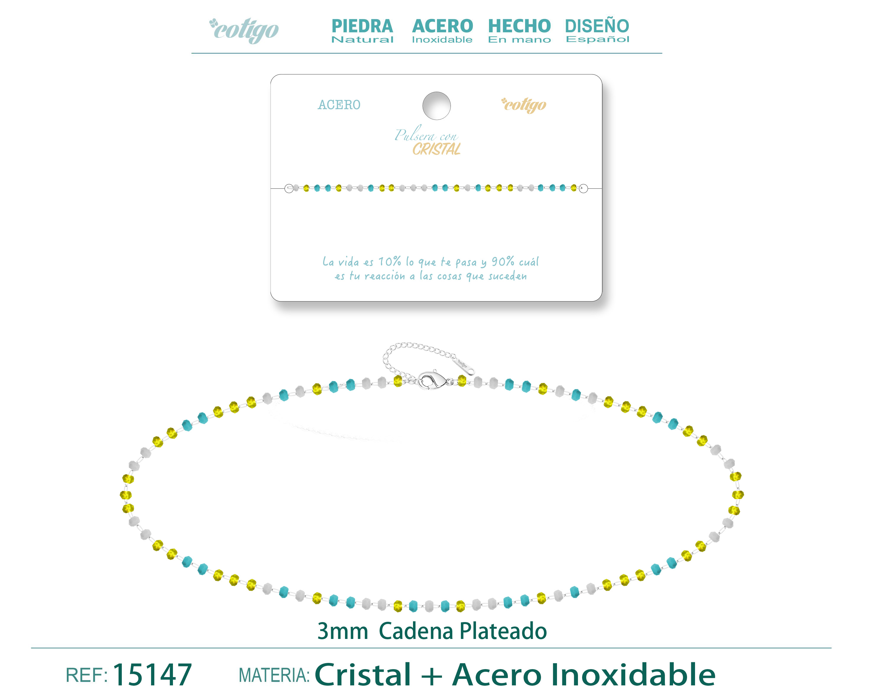 Pulsera Acero Color Plateado con Bola Crista