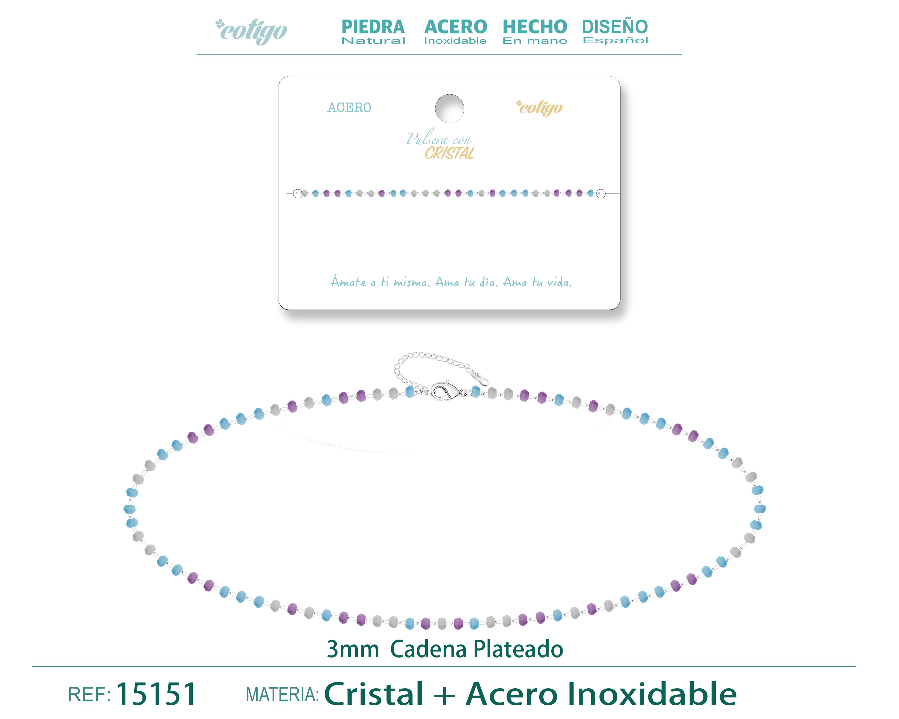 Pulsera Acero Color Plateado con Bola Crista