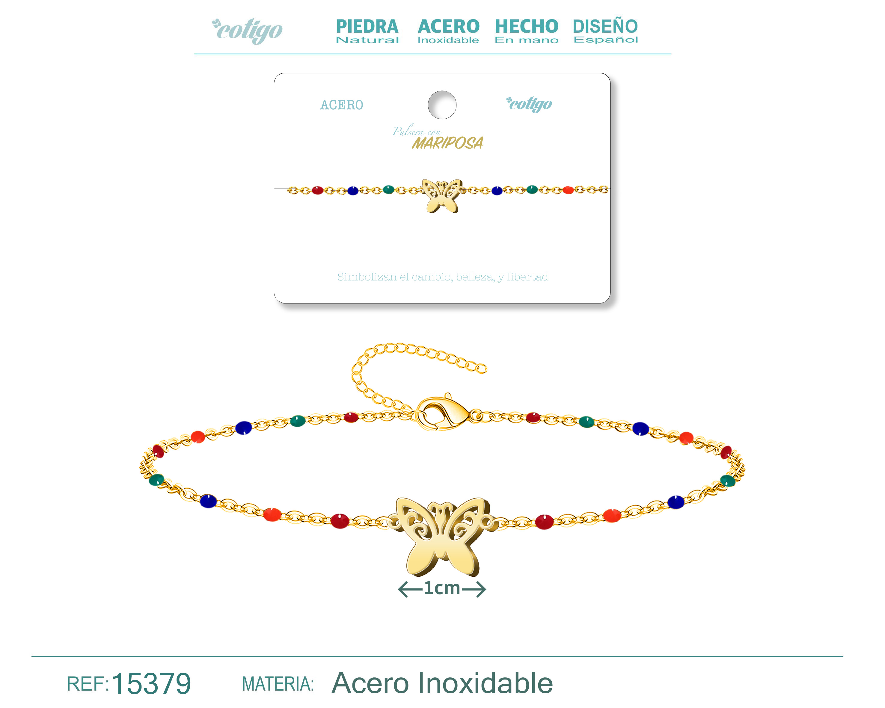 Pulsera Acero Multicolor con Mariposa