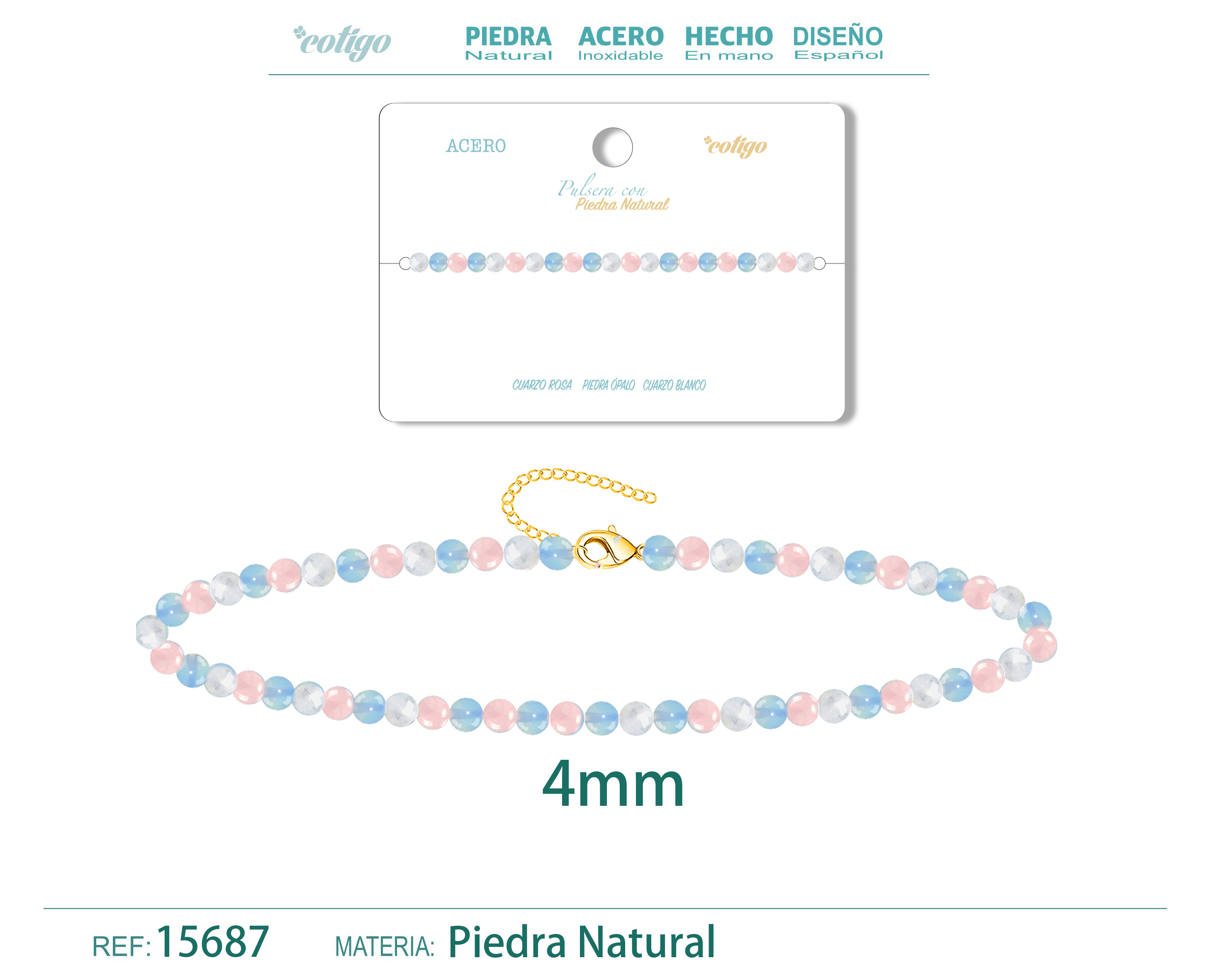 Pulsera Cuarzo blanco+Opalina+Cuarzo rosa 4mm