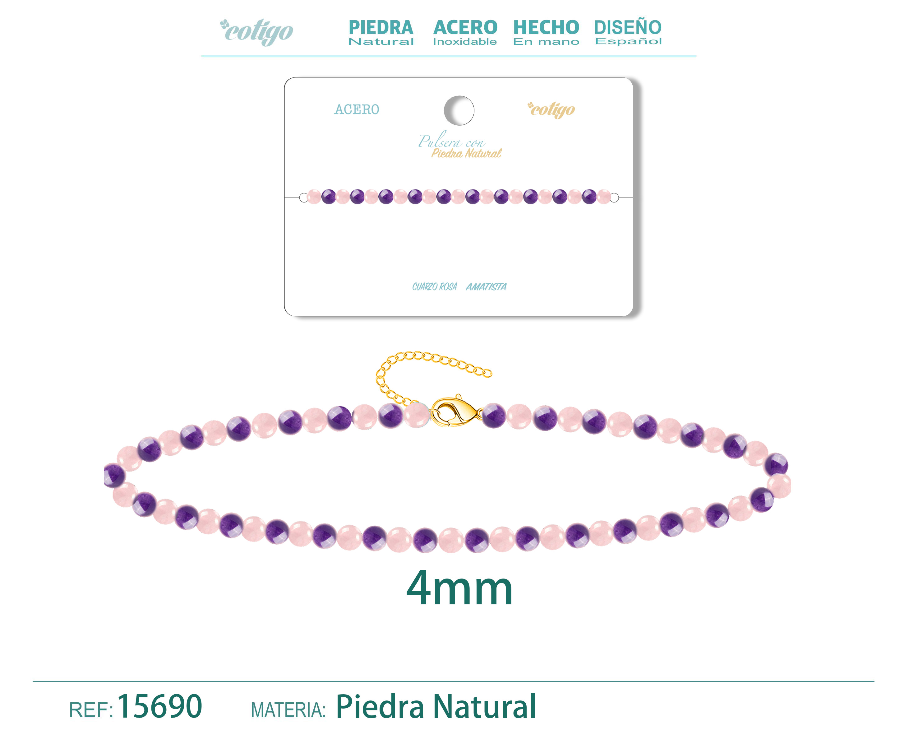 Pulsera Cuarzo rosa+ Amatista 4mm