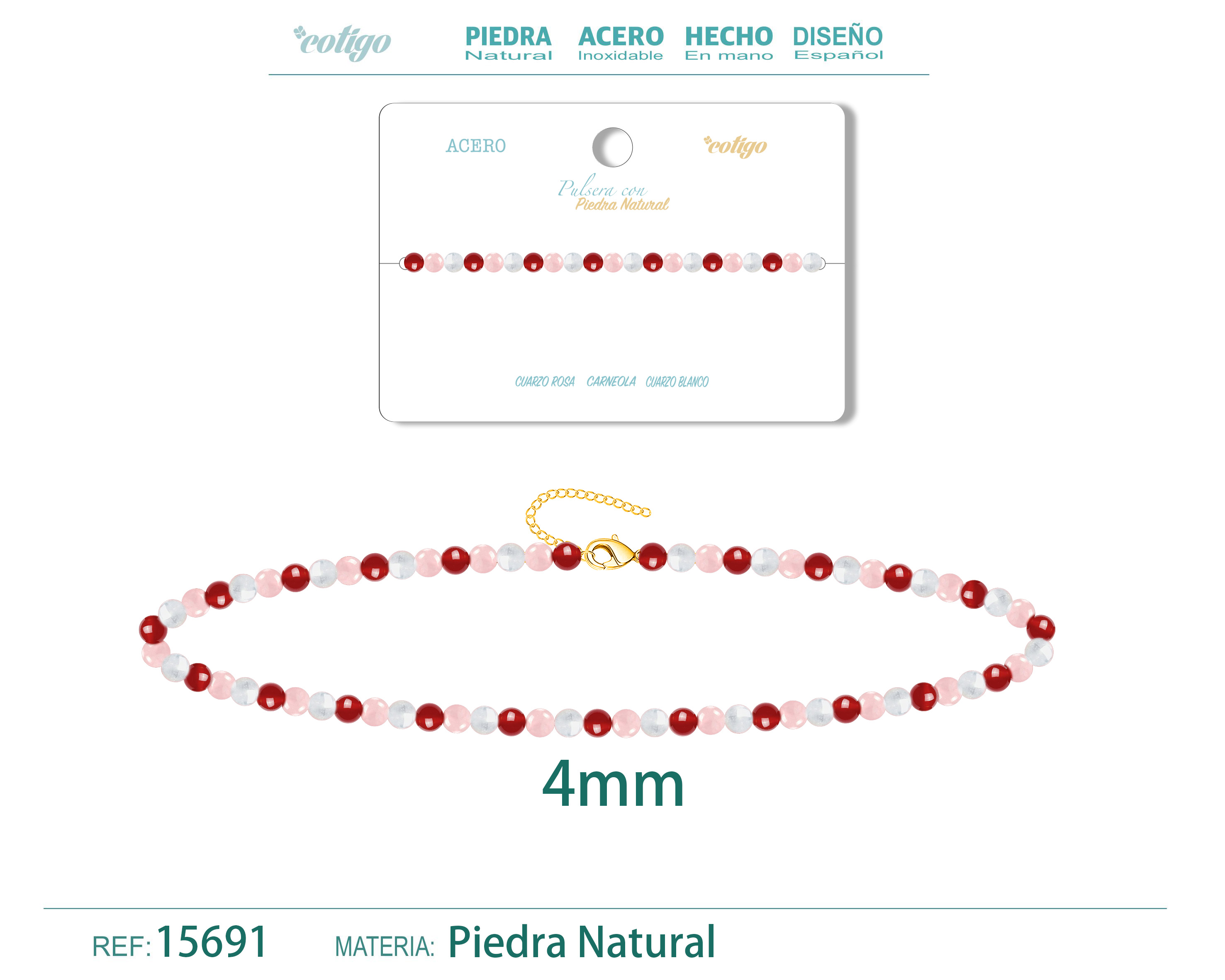 Pulsera Carneola+Cuarzo blanco+Cuarzo rosa 4mm