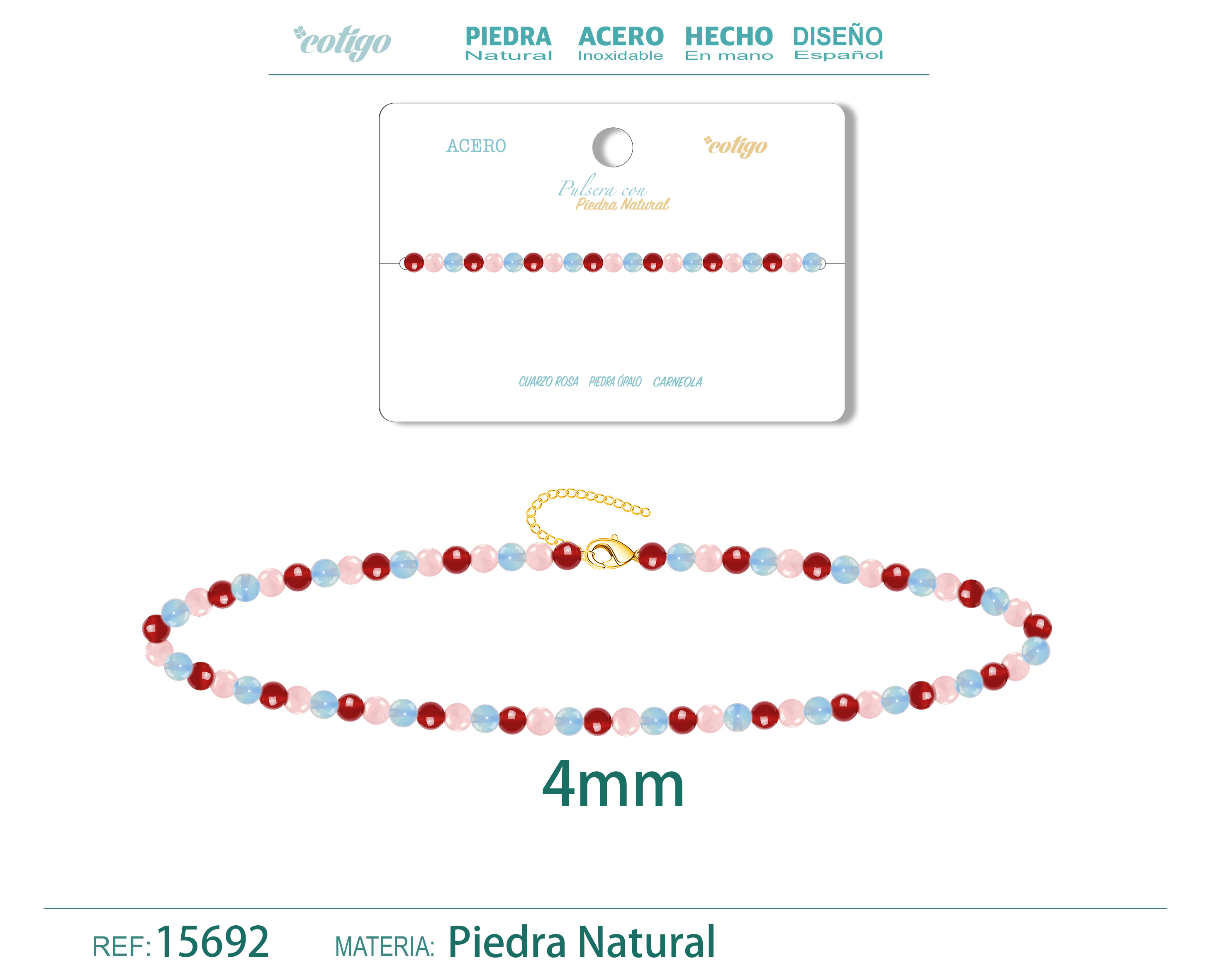Pulsera carneola+Opalina+Cuarzo rosa 4mm