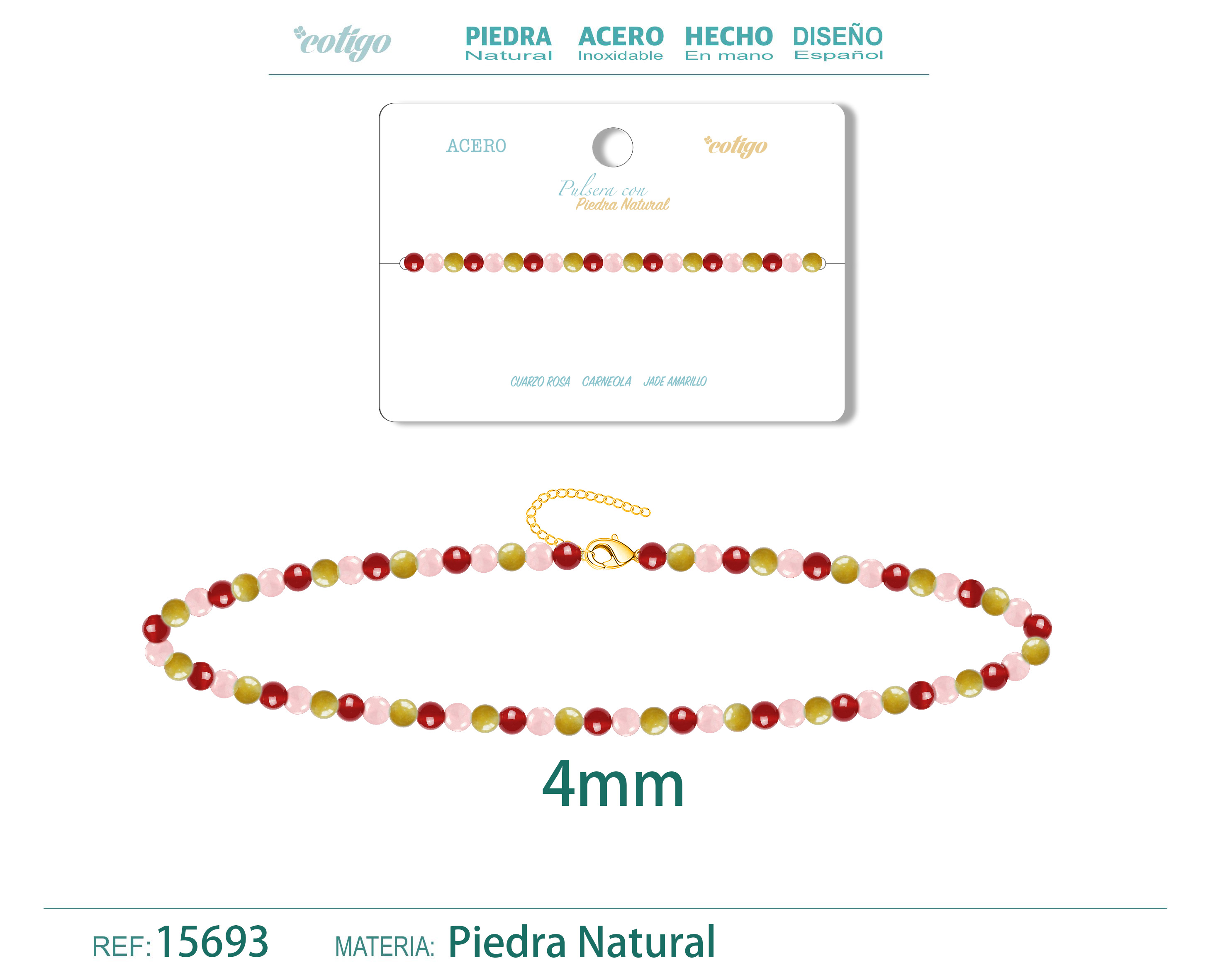 Pulsera Carneola+ Jade amarillo+Cuarzo rosa 4mm