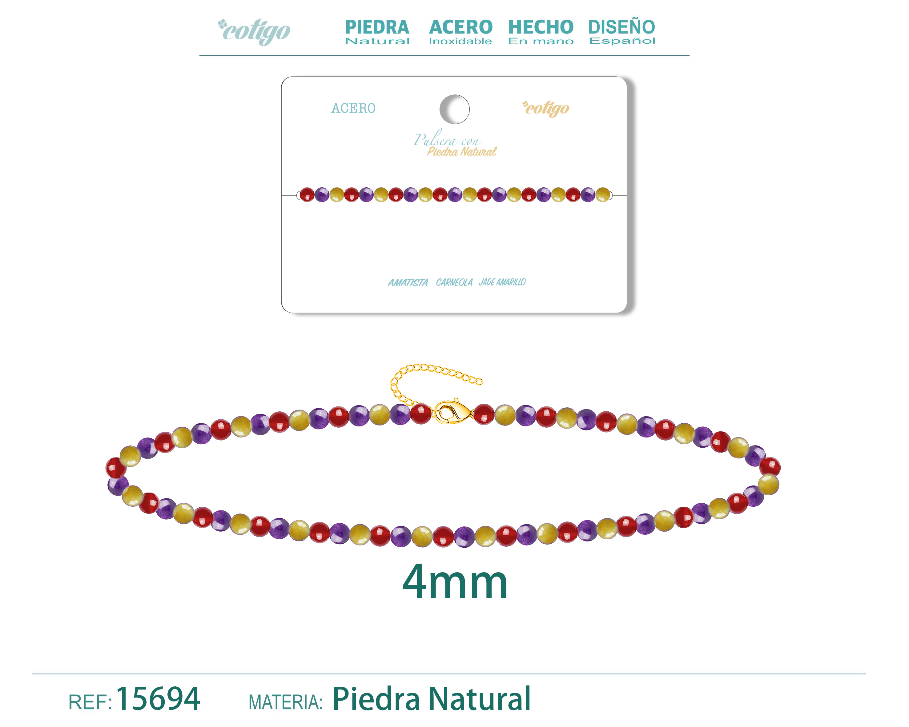 Pulsera Carneola+jade amarillo+Amatista 4mm