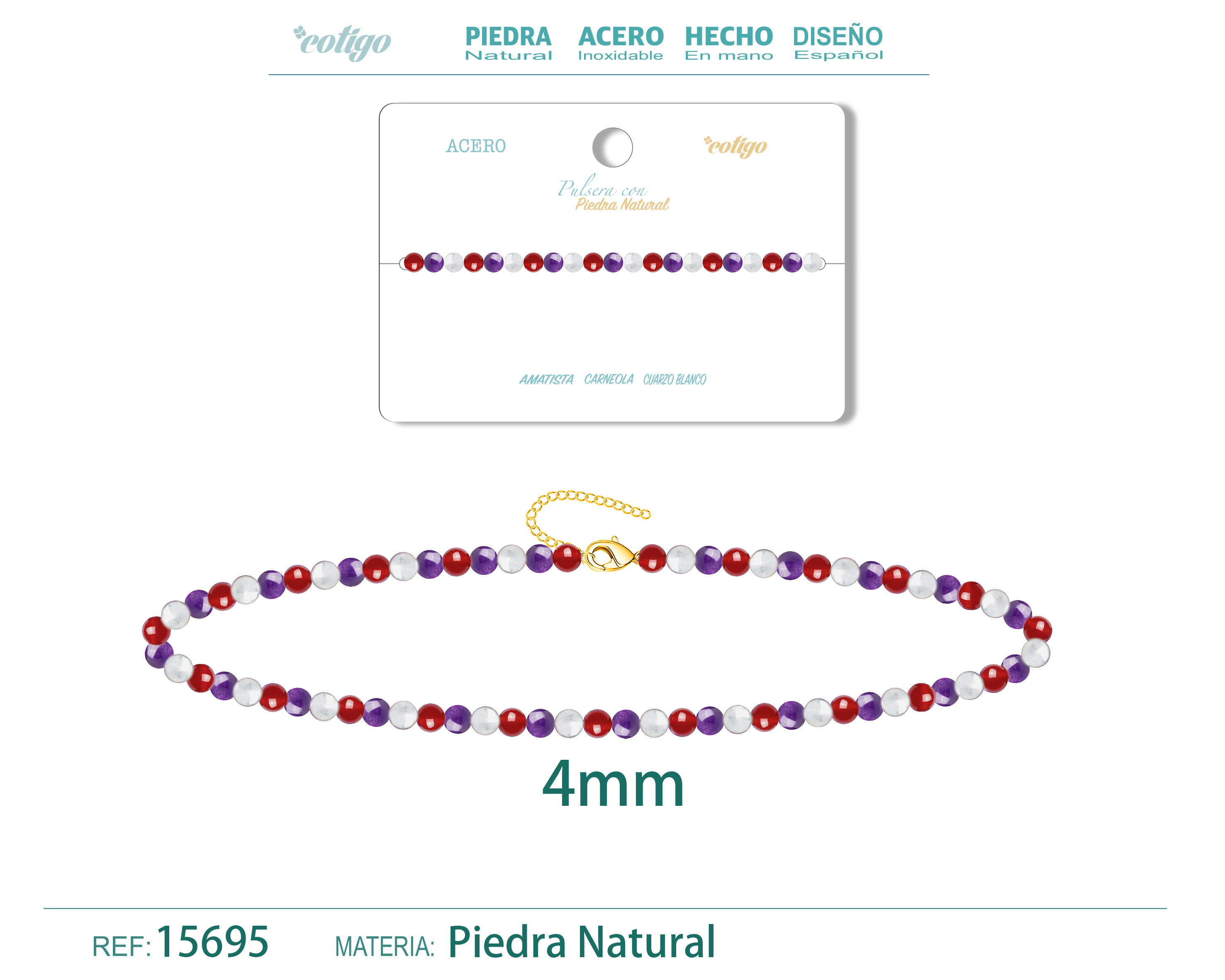 Pulsera Carneola+Amatista+Cuarzo blanco 4mm