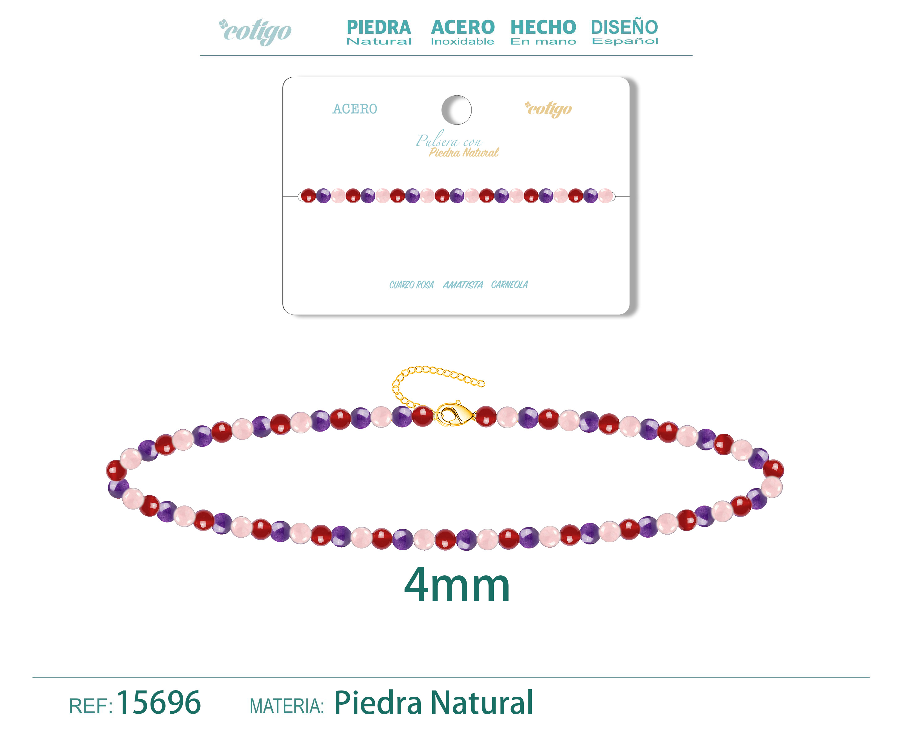 Pulsera Carneola+Amatista+Cuarzo rosa 4mm