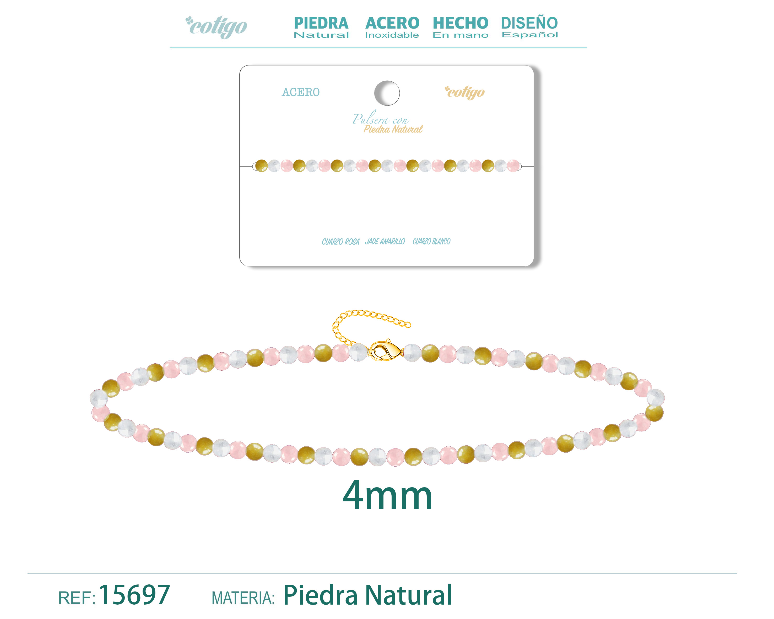 Pulsera Jade amarillo+Cuarzo rosa+Cuarzo blanco 4mm