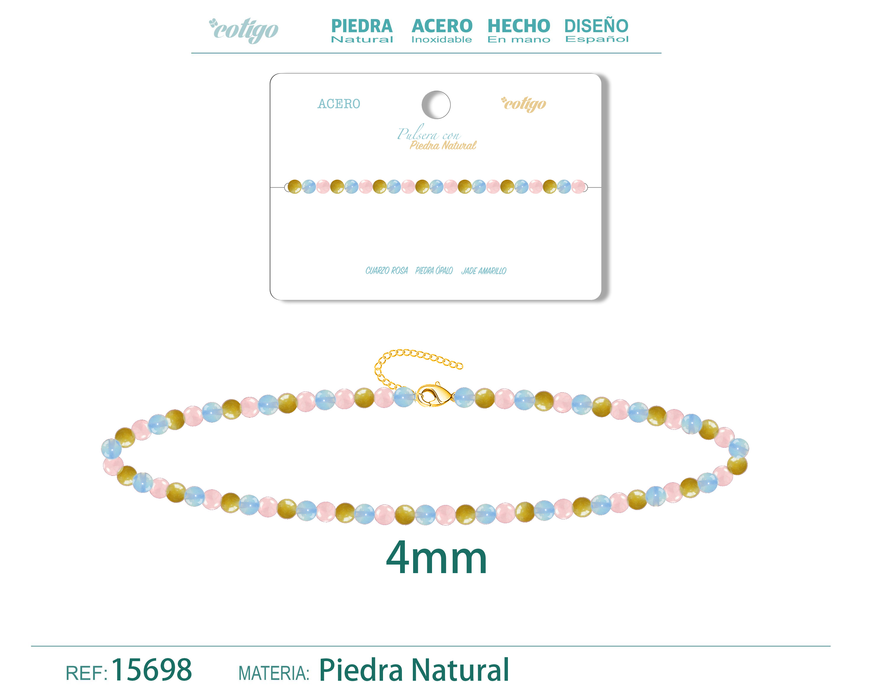 Pulsera Jade amarillo+Cuarzo rosa+Opalina 4mm