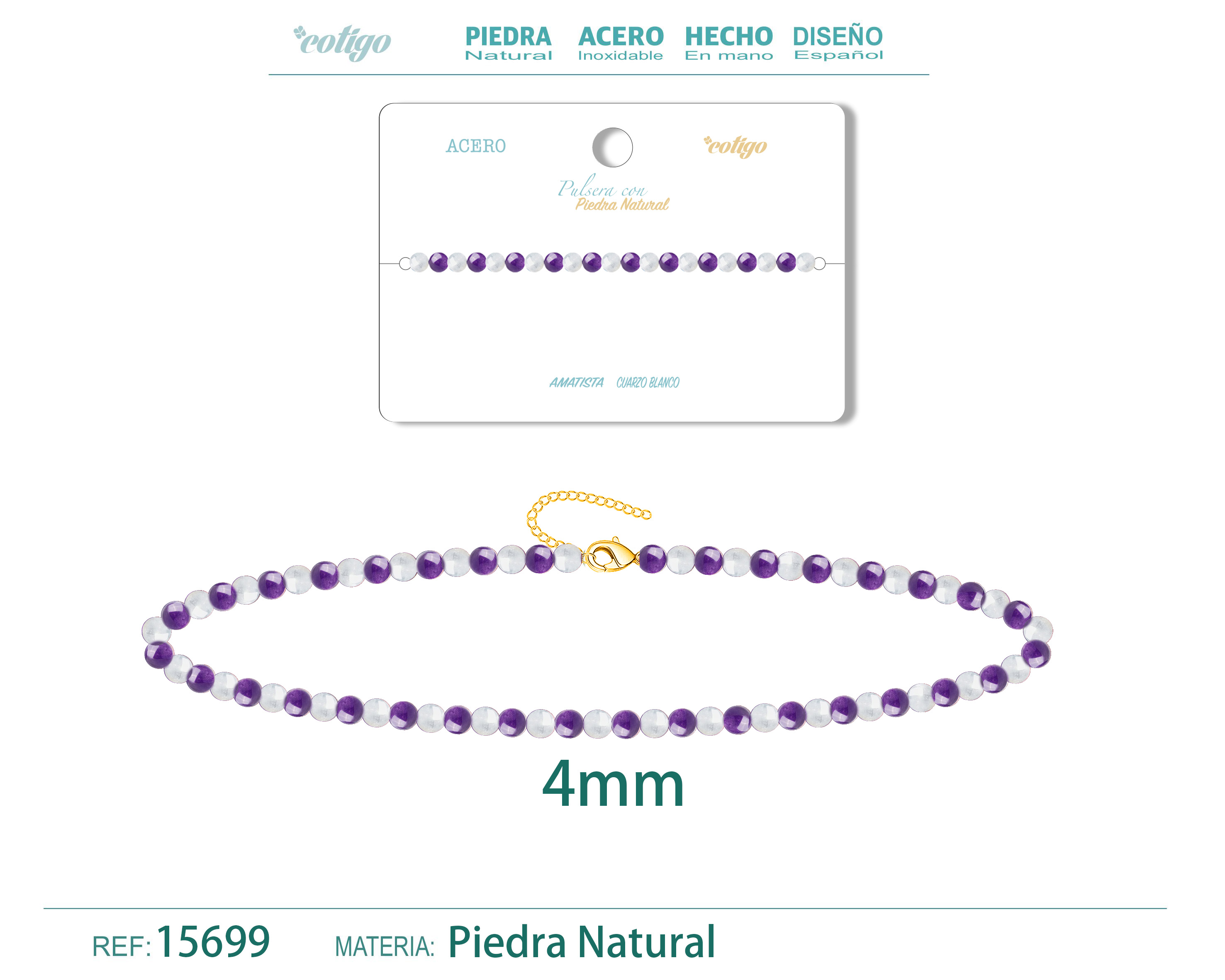 Pulsera Amatista+Cuarzo blanco 4mm