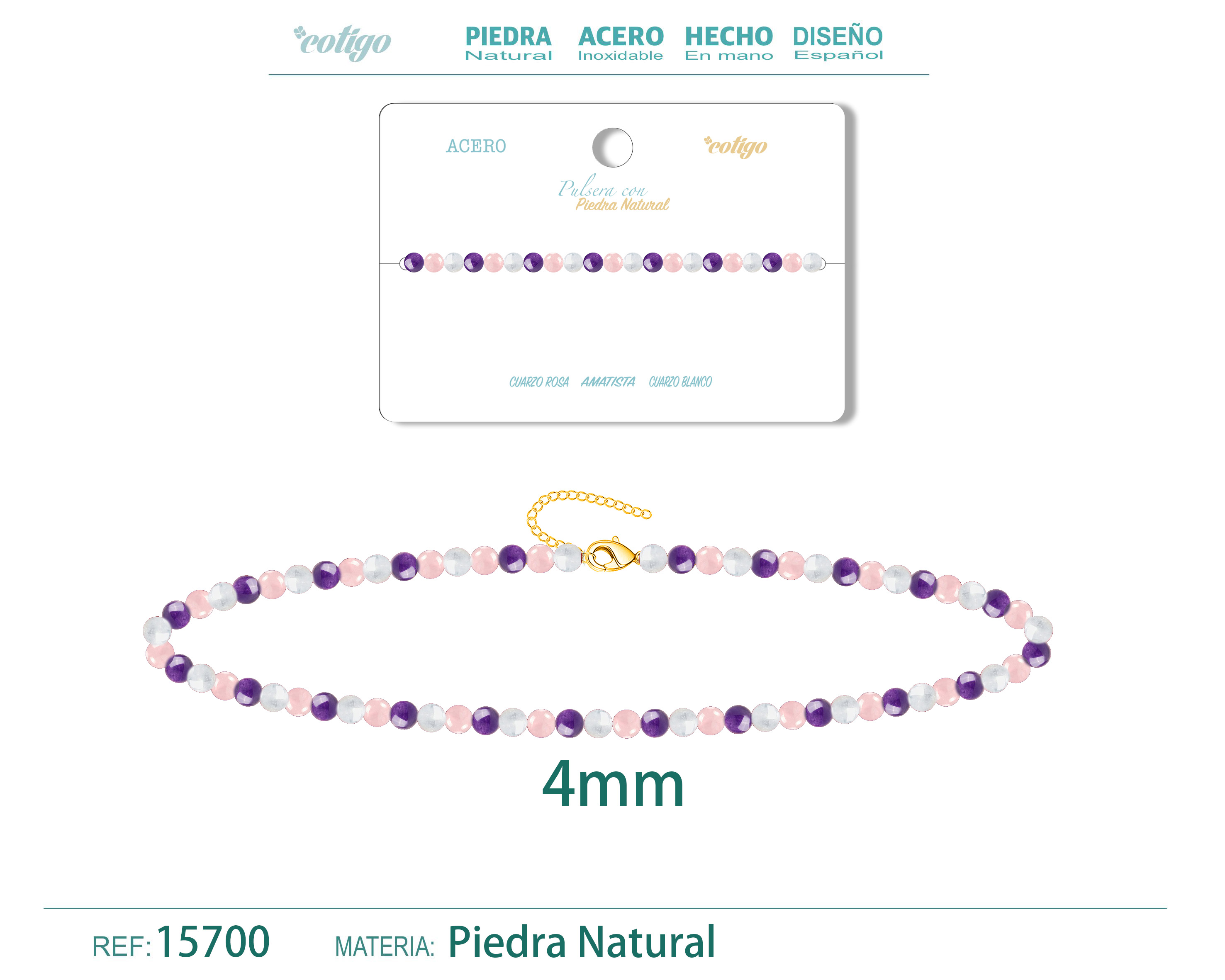 Pulsera Cuarzo rosa+Amatista+Cuarzo blanco