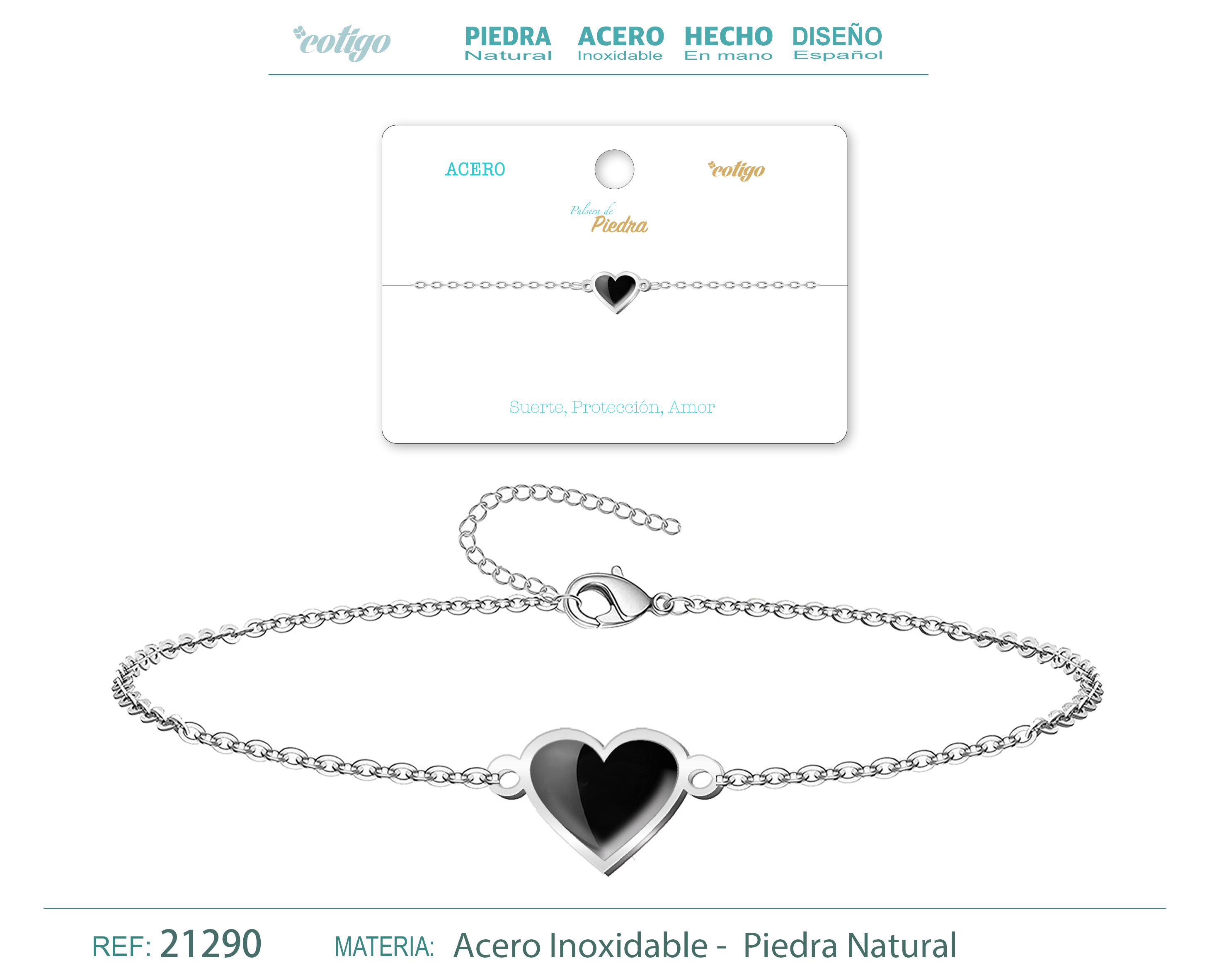 PULSERA CORAZON AGATA NEGRA PLATEADO