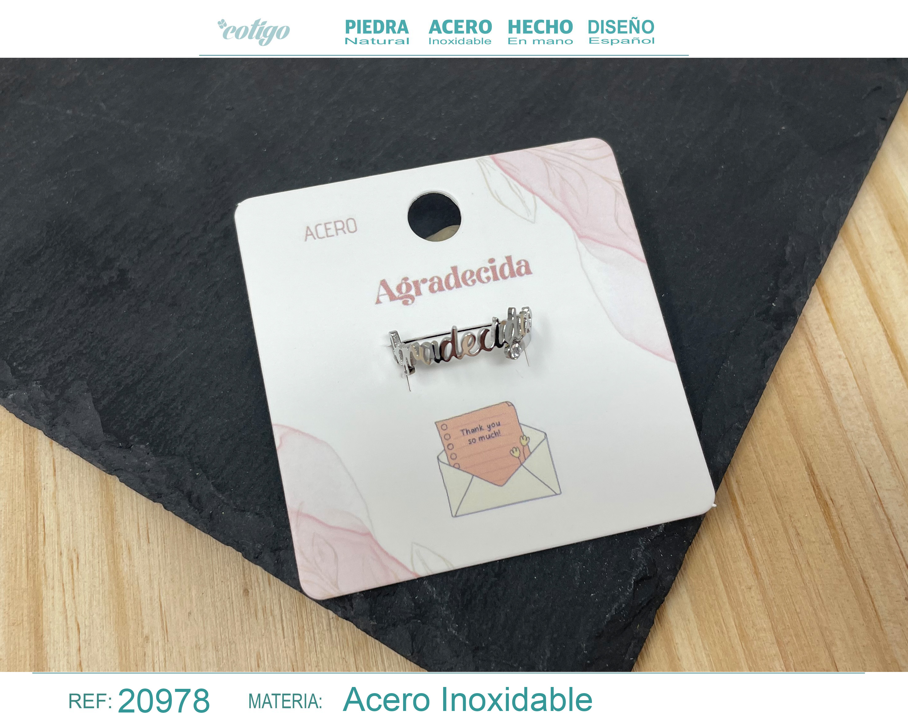 Anillo con palabra "Agradecida" Acero color Plateado